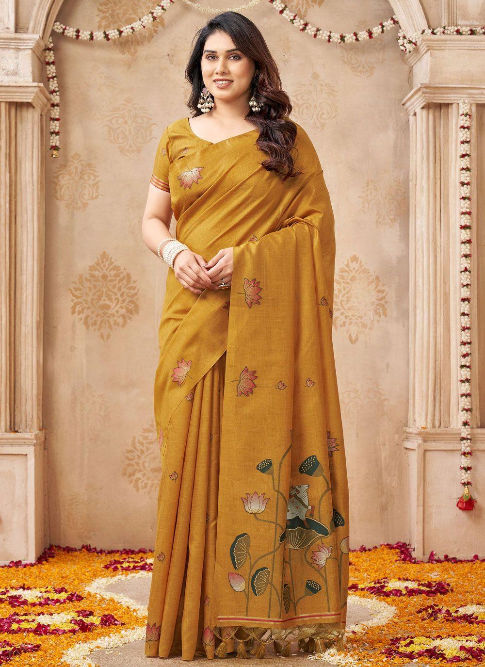 Mustard Linen and Jute Saree with Woven Lotus Pallu