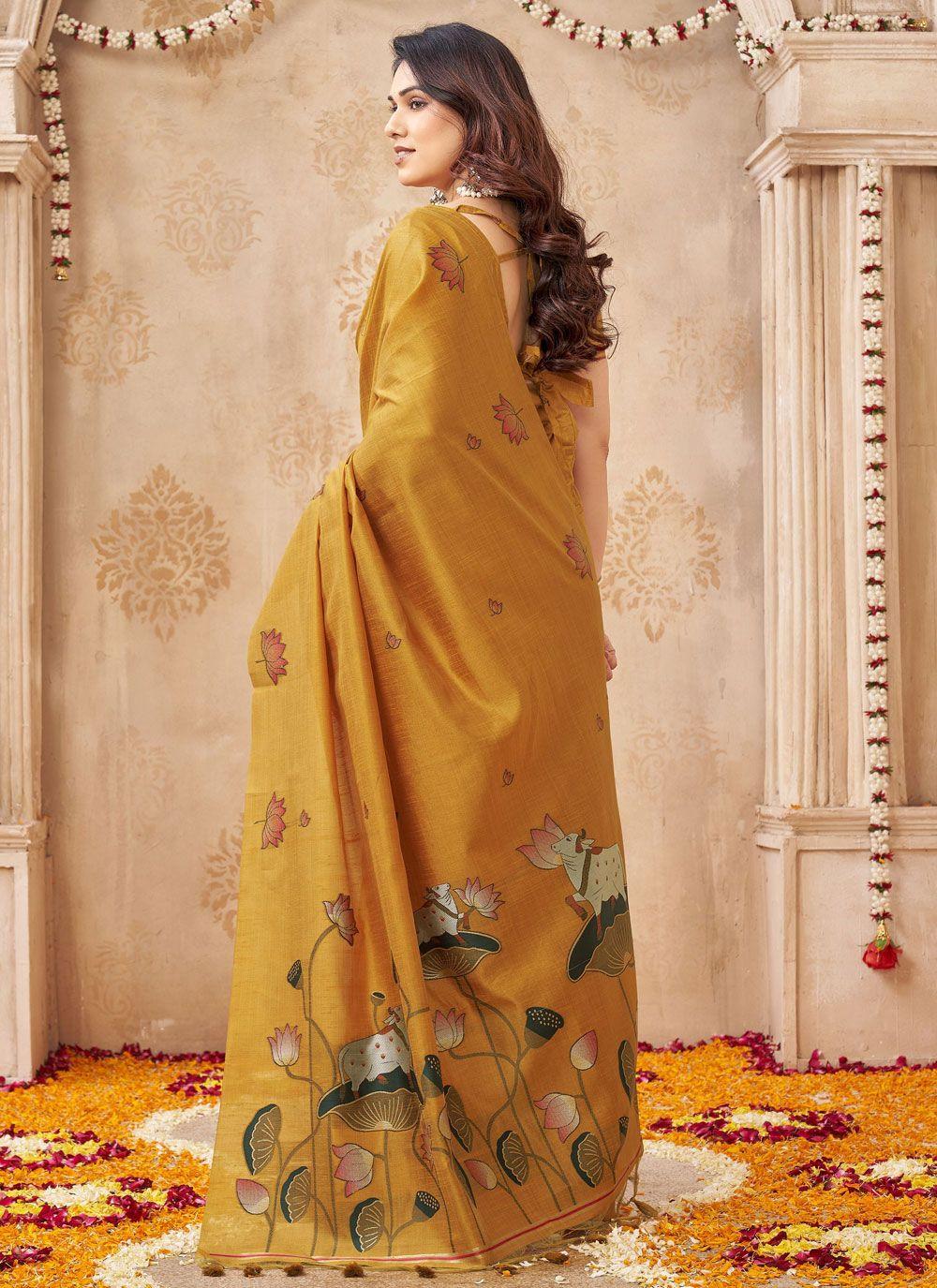 Mustard Linen and Jute Saree with Woven Lotus Pallu, view 2 of 4