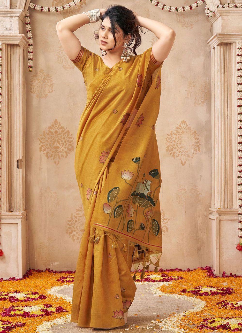 Mustard Linen and Jute Saree with Woven Lotus Pallu, view 4 of 4