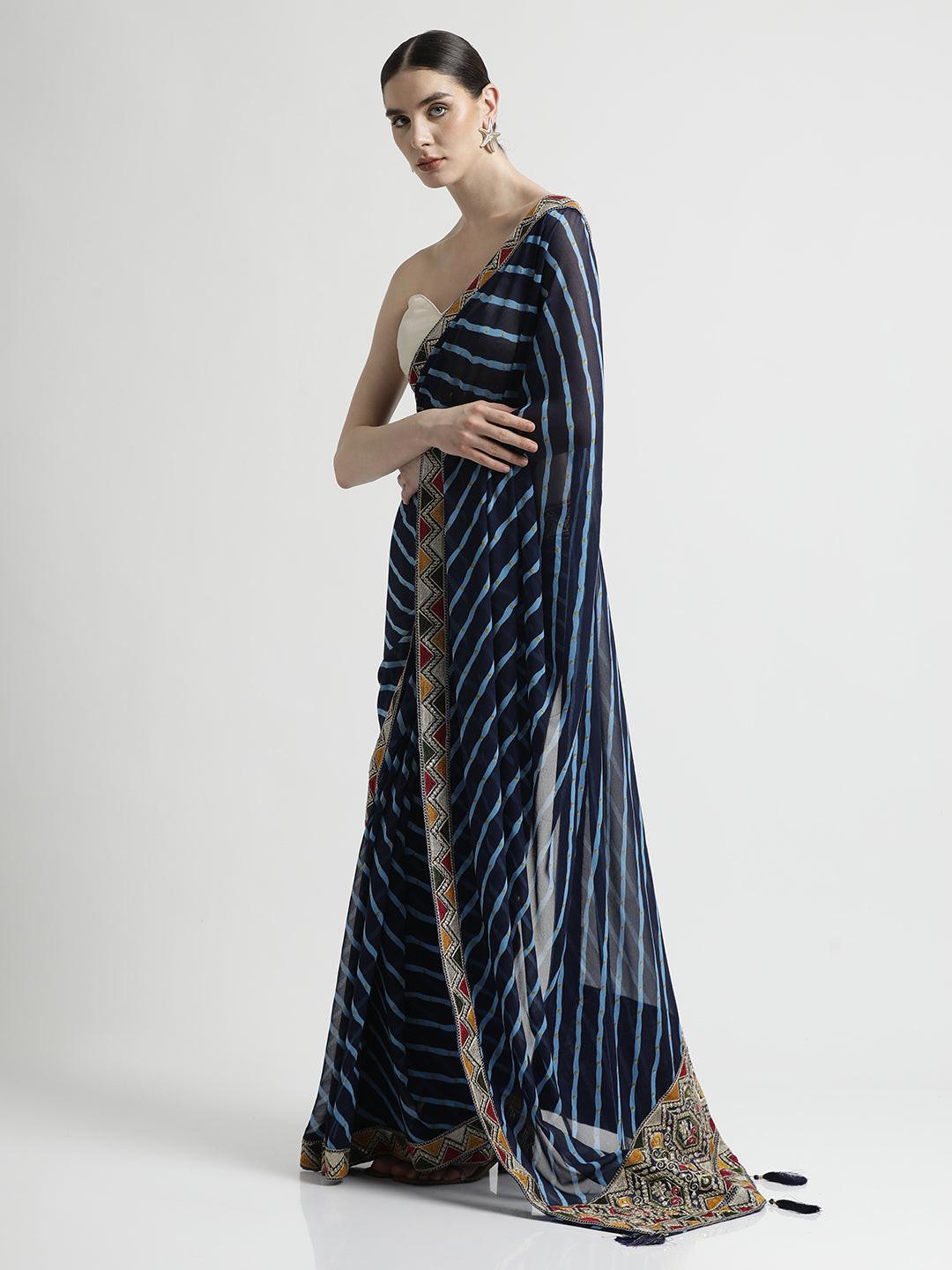 Navy Blue Leheriya Print Georgette Saree with Embroidered Border, view 3 of 6