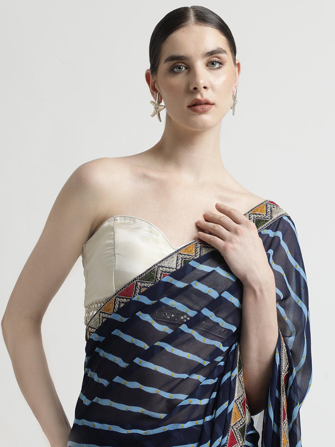Navy Blue Leheriya Print Georgette Saree with Embroidered Border, view 4 of 6