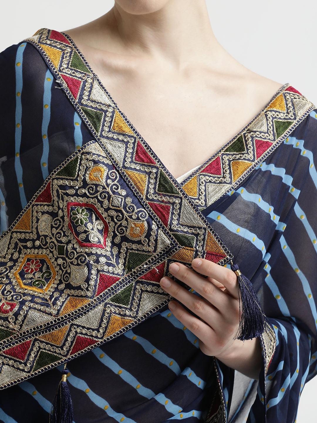 Navy Blue Leheriya Print Georgette Saree with Embroidered Border, view 5 of 6