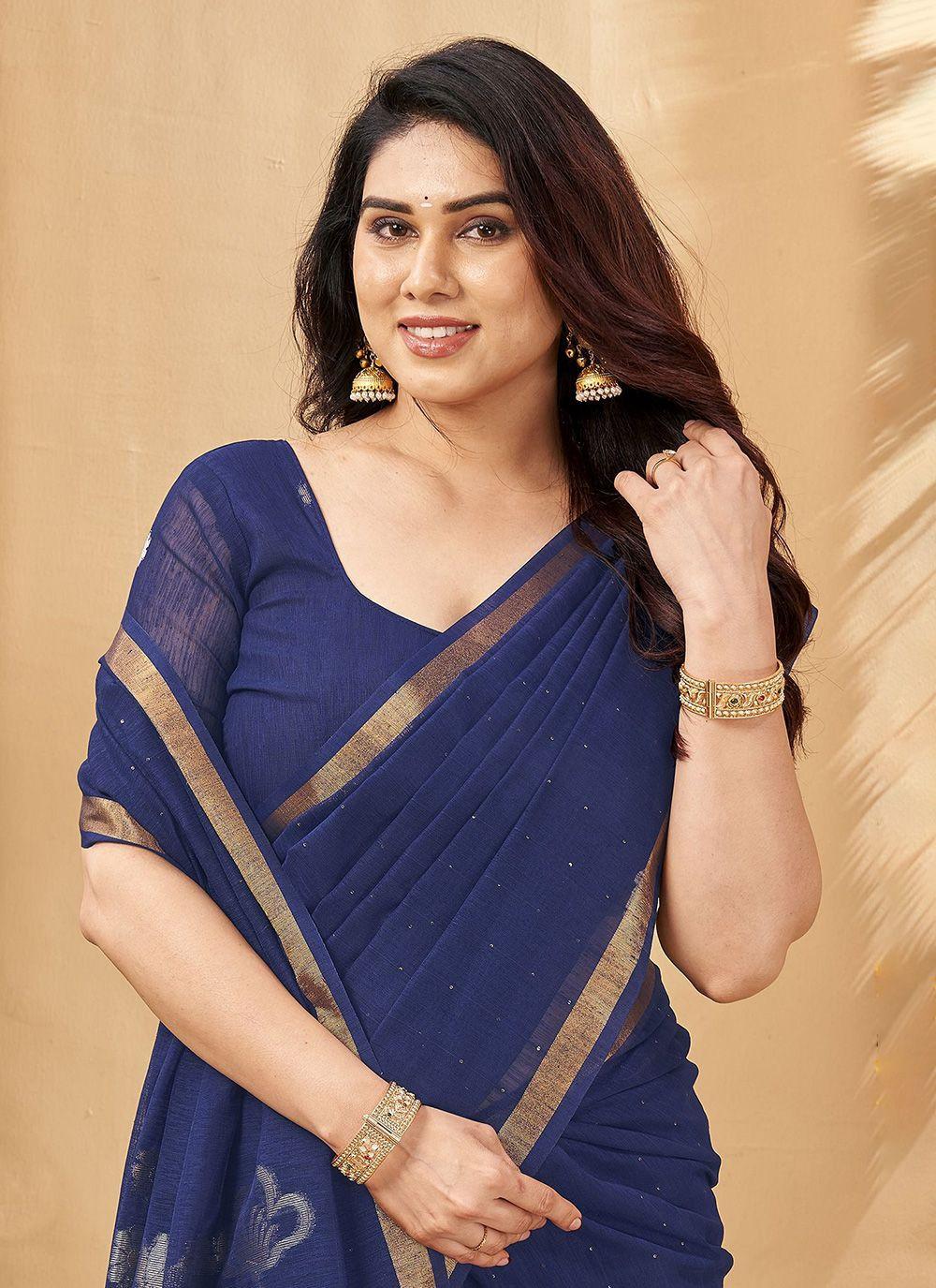 Navy Blue Linen Blend Saree with Woven Flower Pallu, view 4 of 4