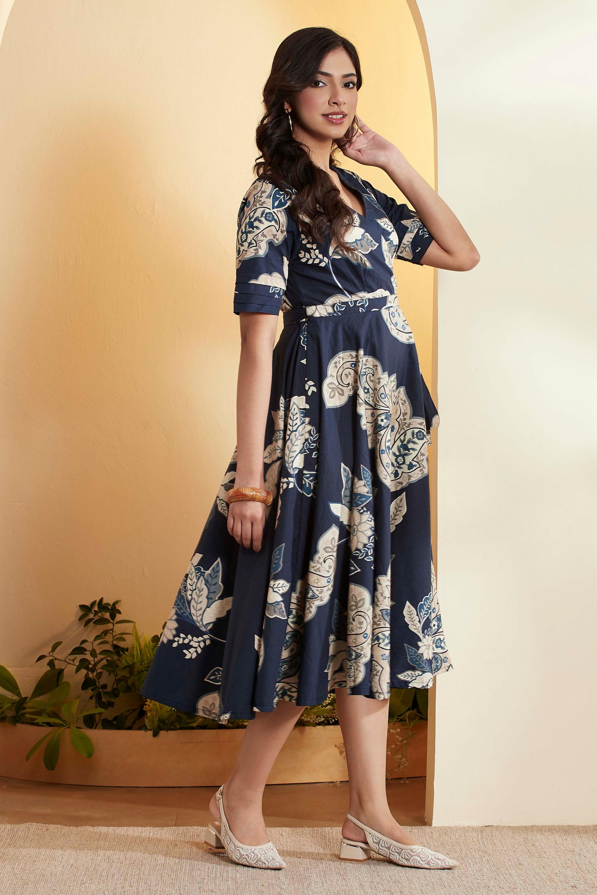Navy Blue Paisley Print Cotton Midi Dress with Tie Waist, view 3 of 5