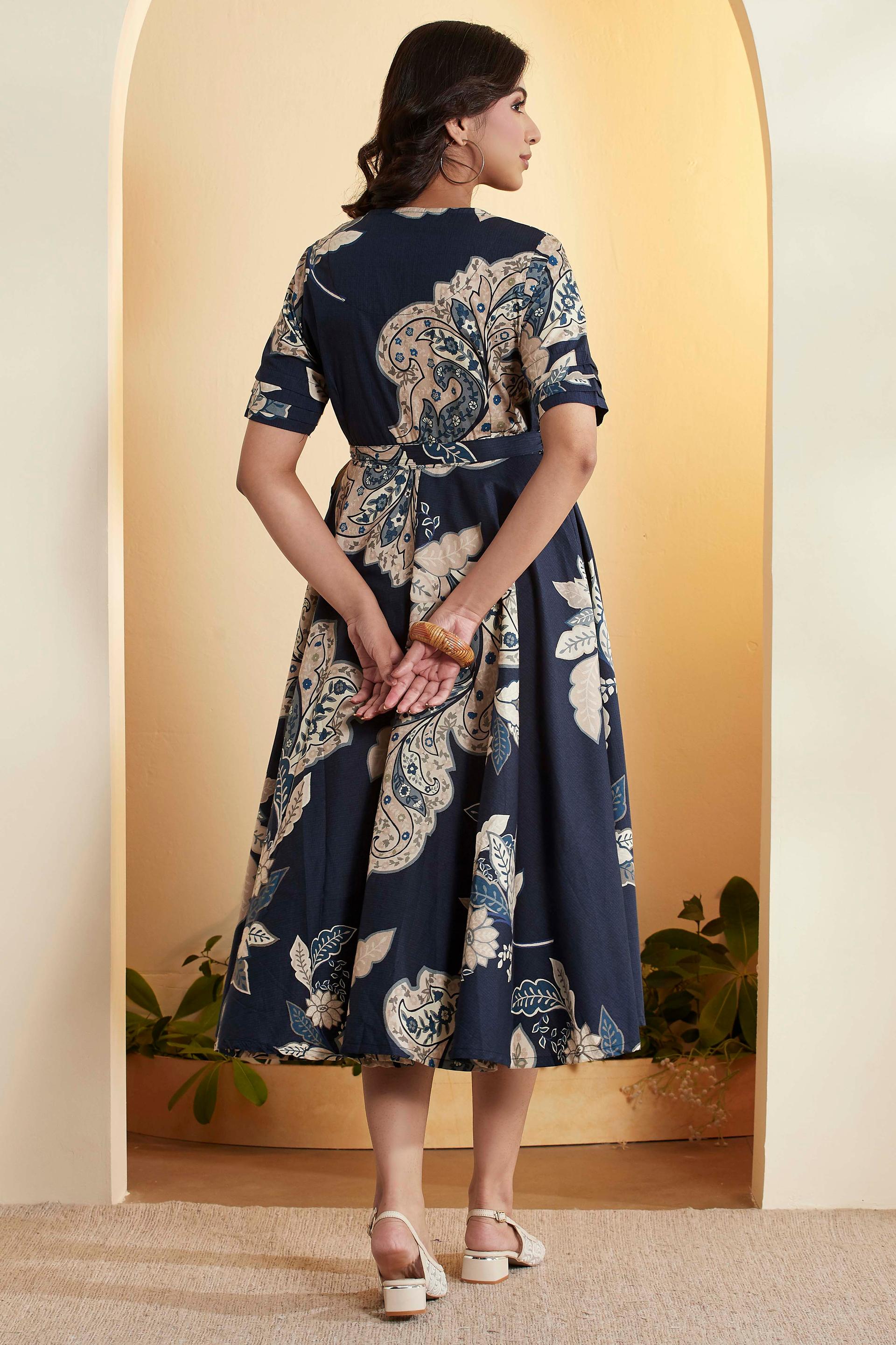 Navy Blue Paisley Print Cotton Midi Dress with Tie Waist, view 4 of 5