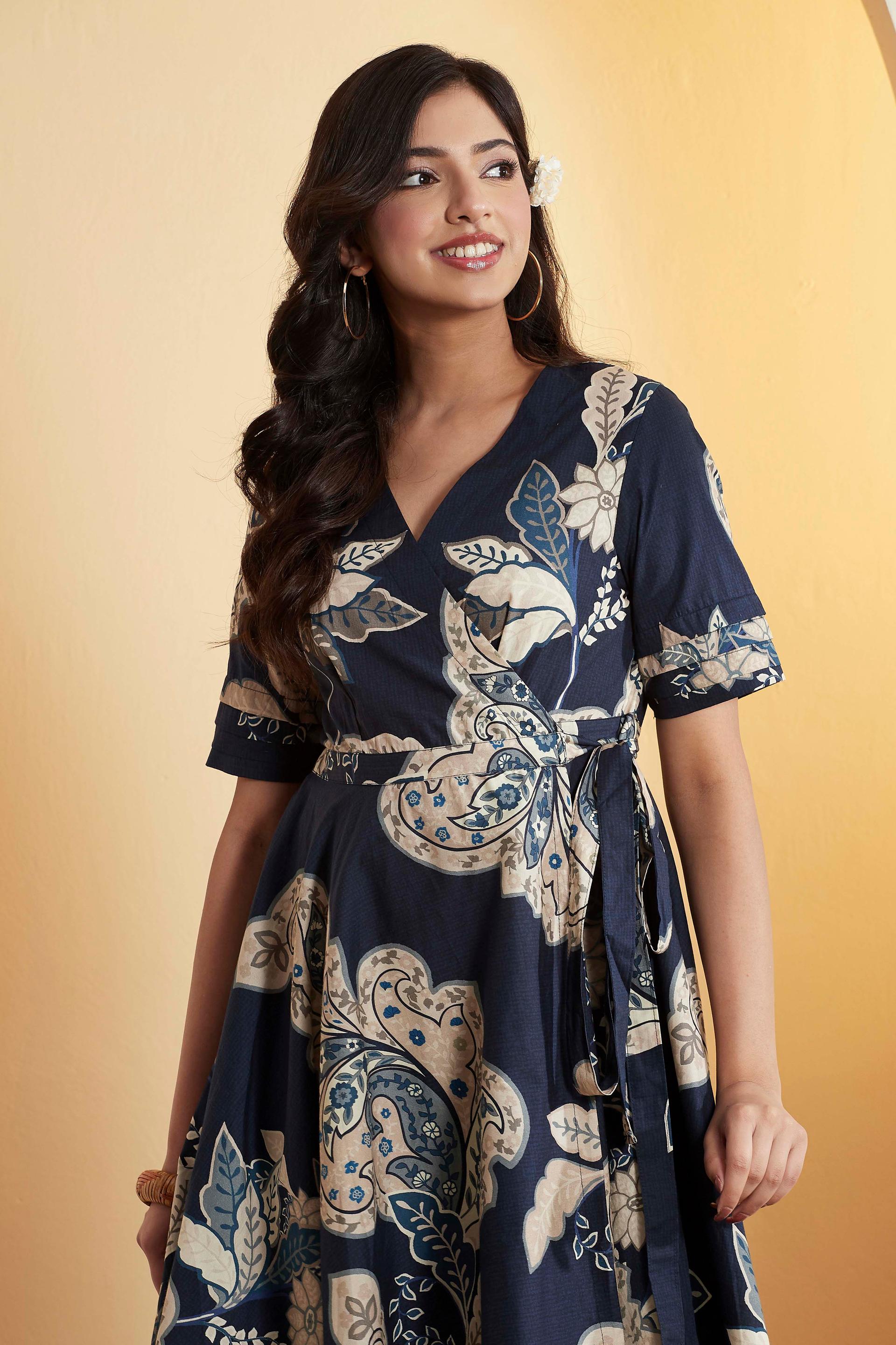 Navy Blue Paisley Print Cotton Midi Dress with Tie Waist, view 5 of 5