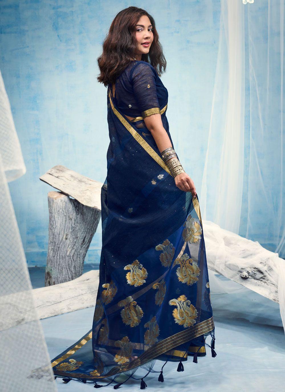 Navy Blue Woven Saree with Gold-Toned Paisley Pallu, view 3 of 5