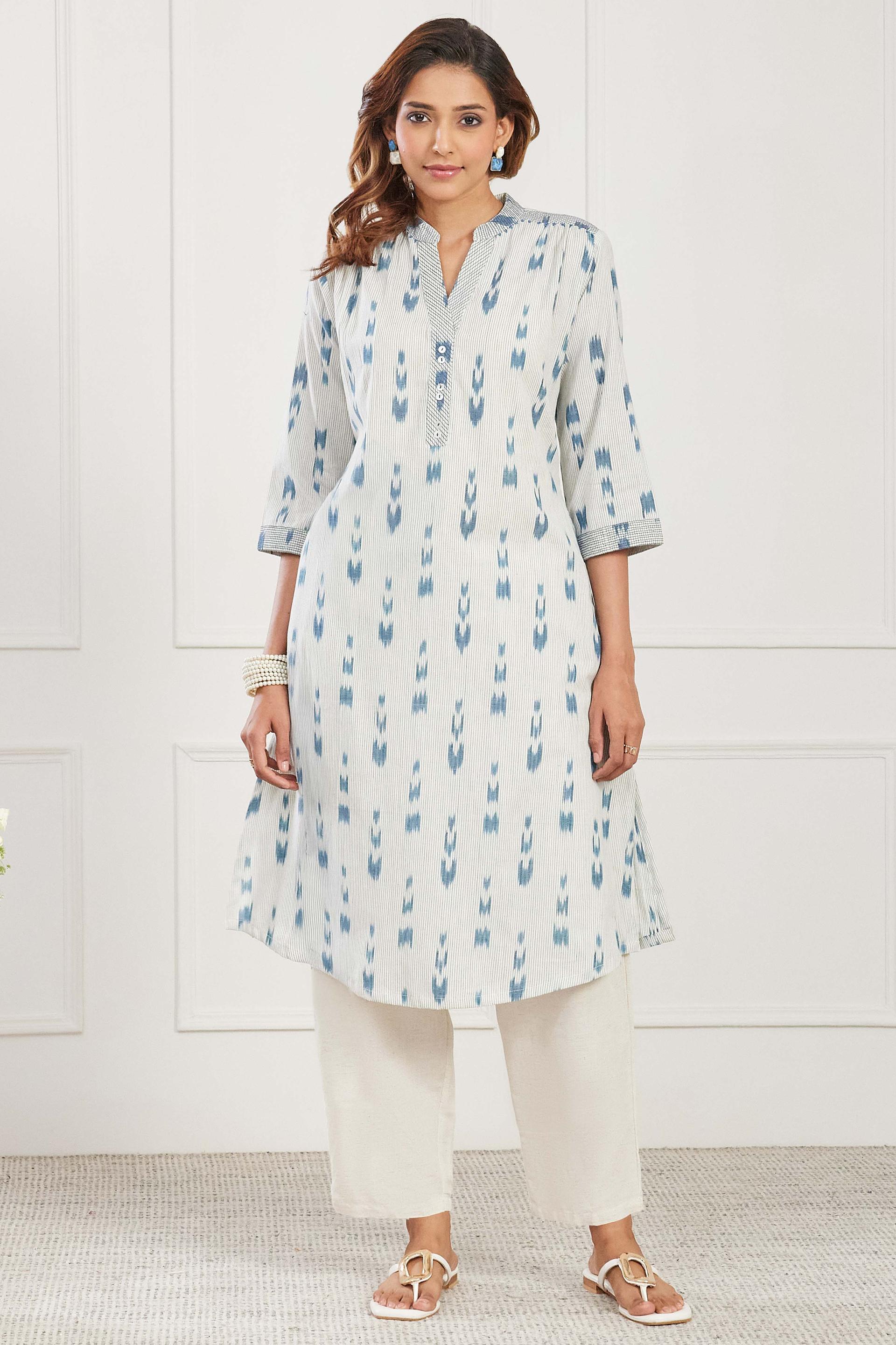 Off White and Blue Ikat Cotton Kurta with Striped Placket