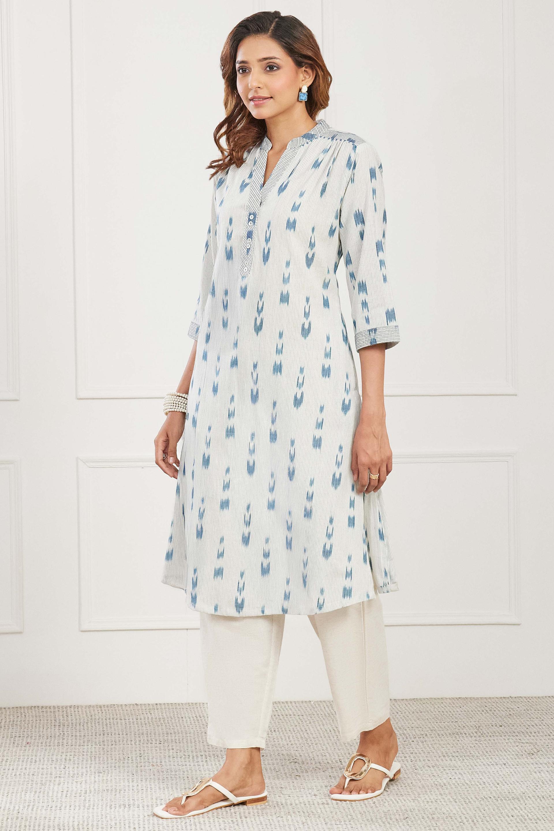 Off White and Blue Ikat Cotton Kurta with Striped Placket, view 2 of 5