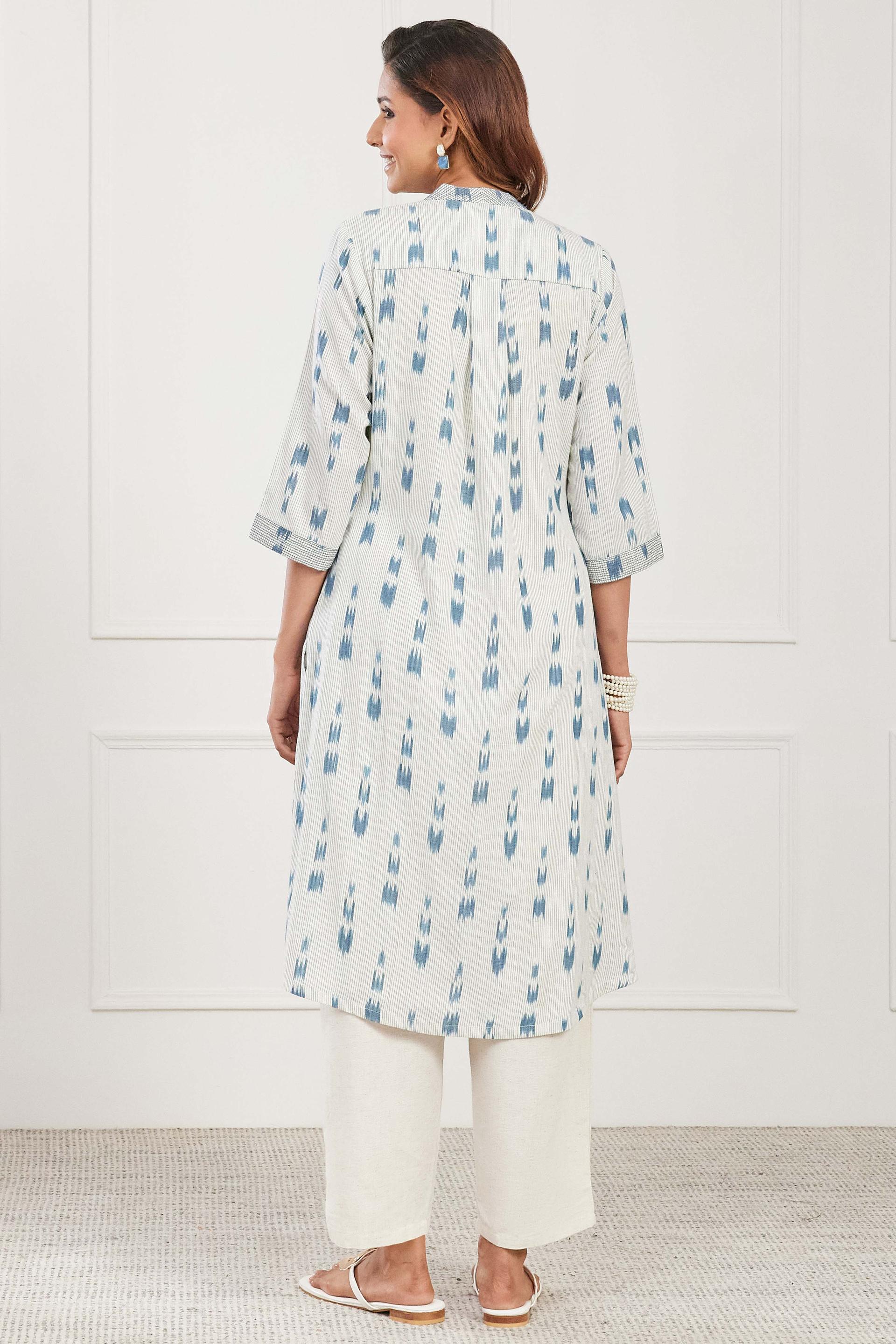 Off White and Blue Ikat Cotton Kurta with Striped Placket, view 3 of 5