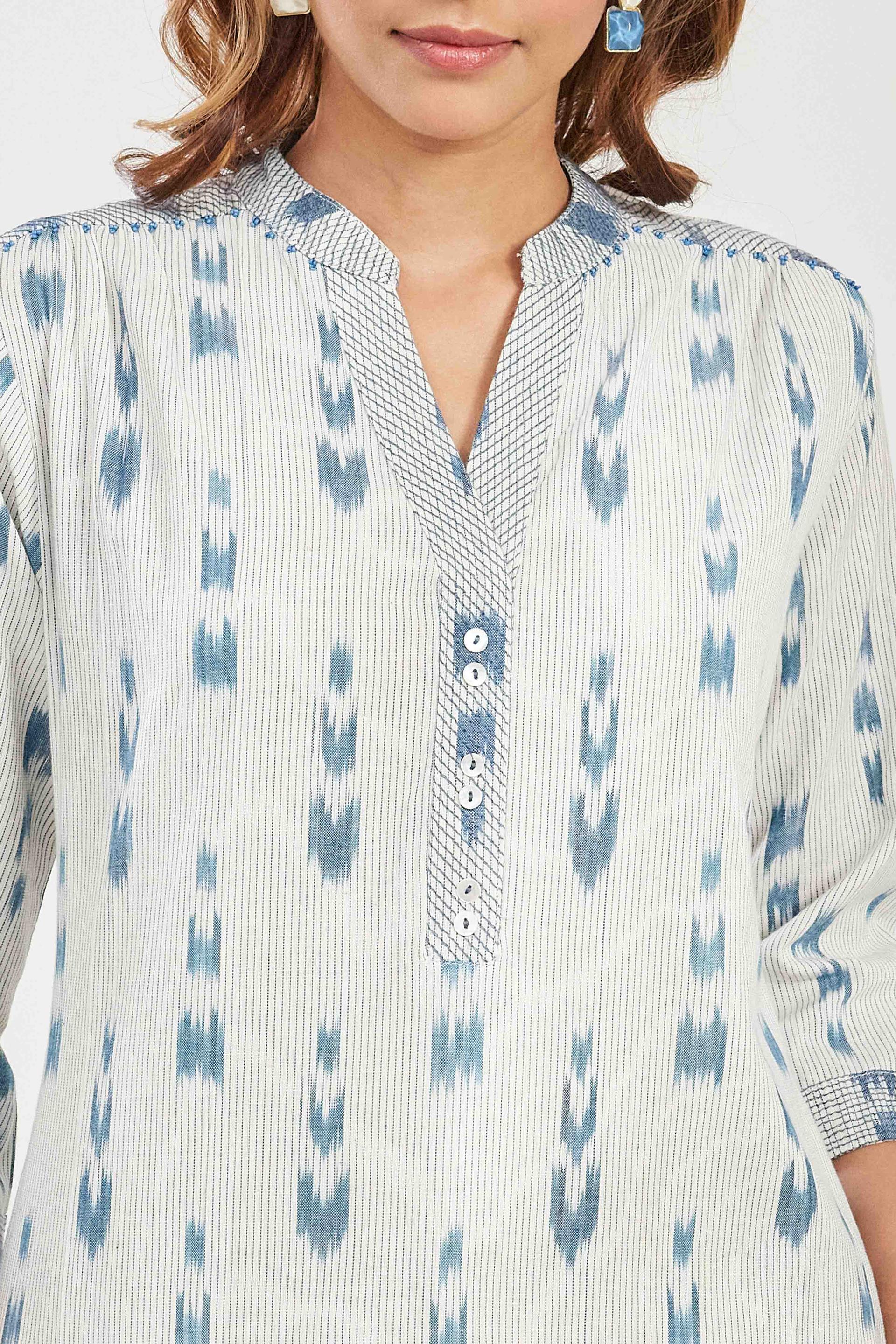 Off White and Blue Ikat Cotton Kurta with Striped Placket, view 4 of 5