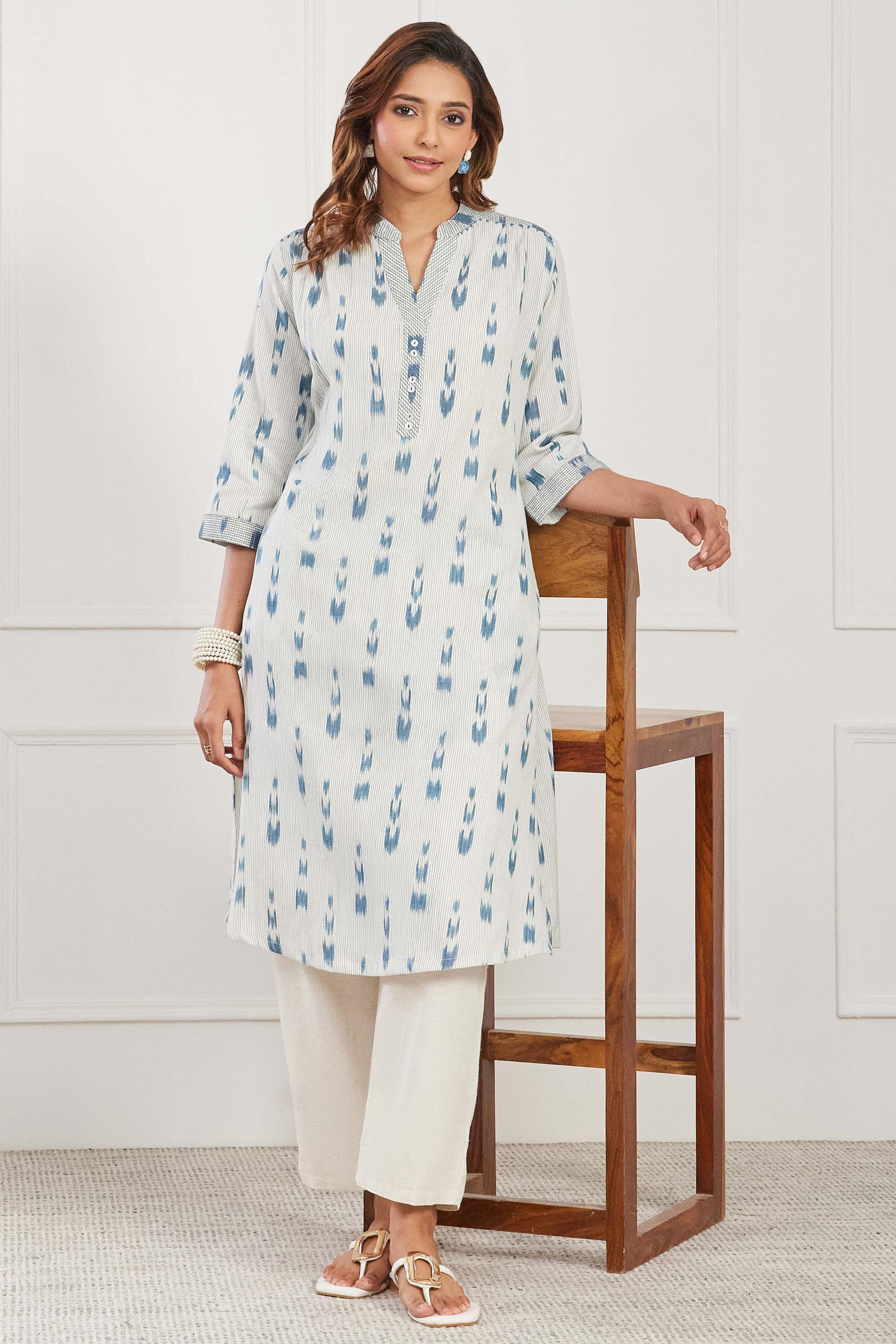 Off White and Blue Ikat Cotton Kurta with Striped Placket, view 5 of 5