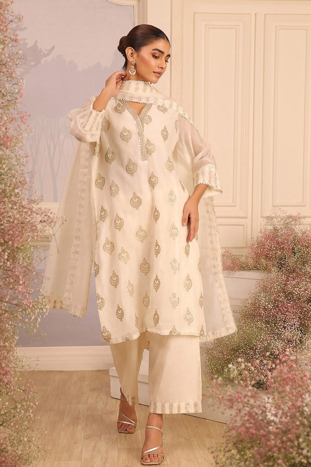 Off White Chanderi Kurta Set with Gold Embroidered Motifs
