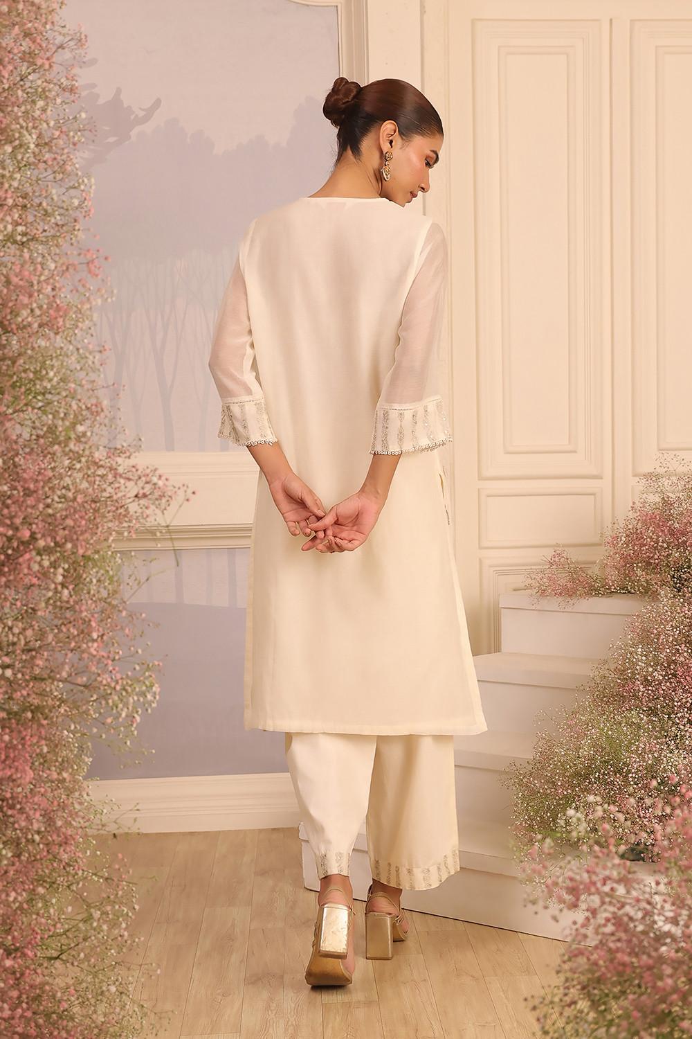 Off White Chanderi Kurta Set with Gold Embroidered Motifs, view 3 of 6
