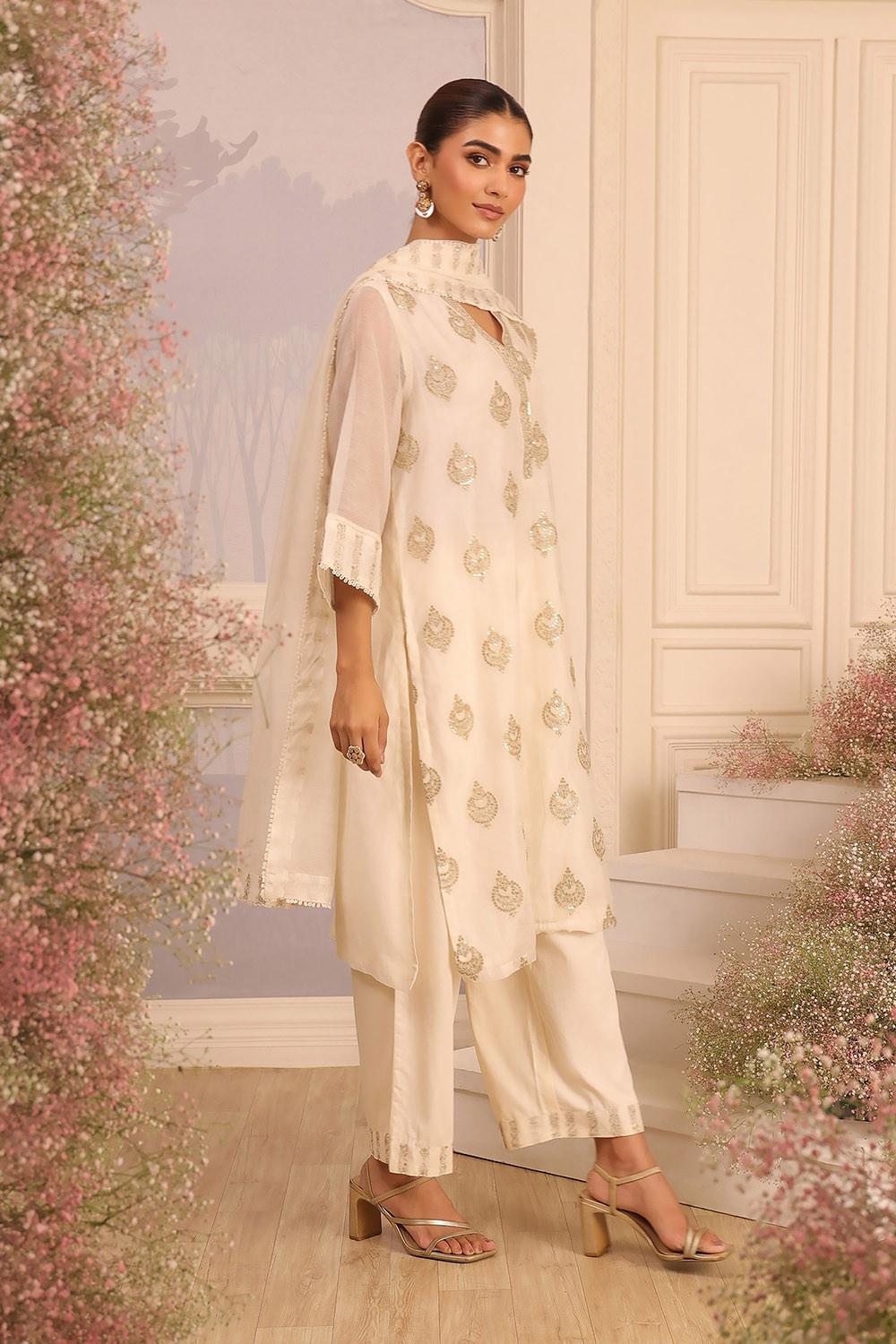 Off White Chanderi Kurta Set with Gold Embroidered Motifs, view 4 of 6