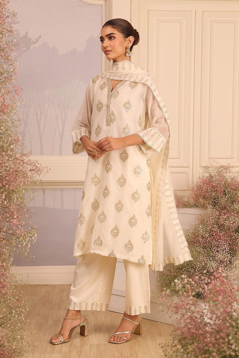 Off White Chanderi Kurta Set with Gold Embroidered Motifs, view 5 of 6