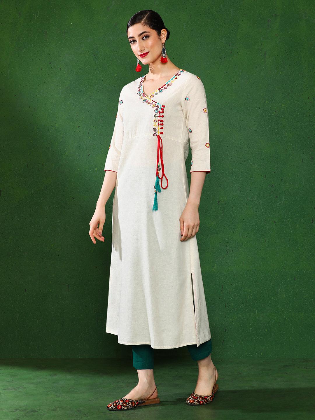Off White Cotton Blend Angrakha Kurta with Tasselled Tie, view 3 of 6
