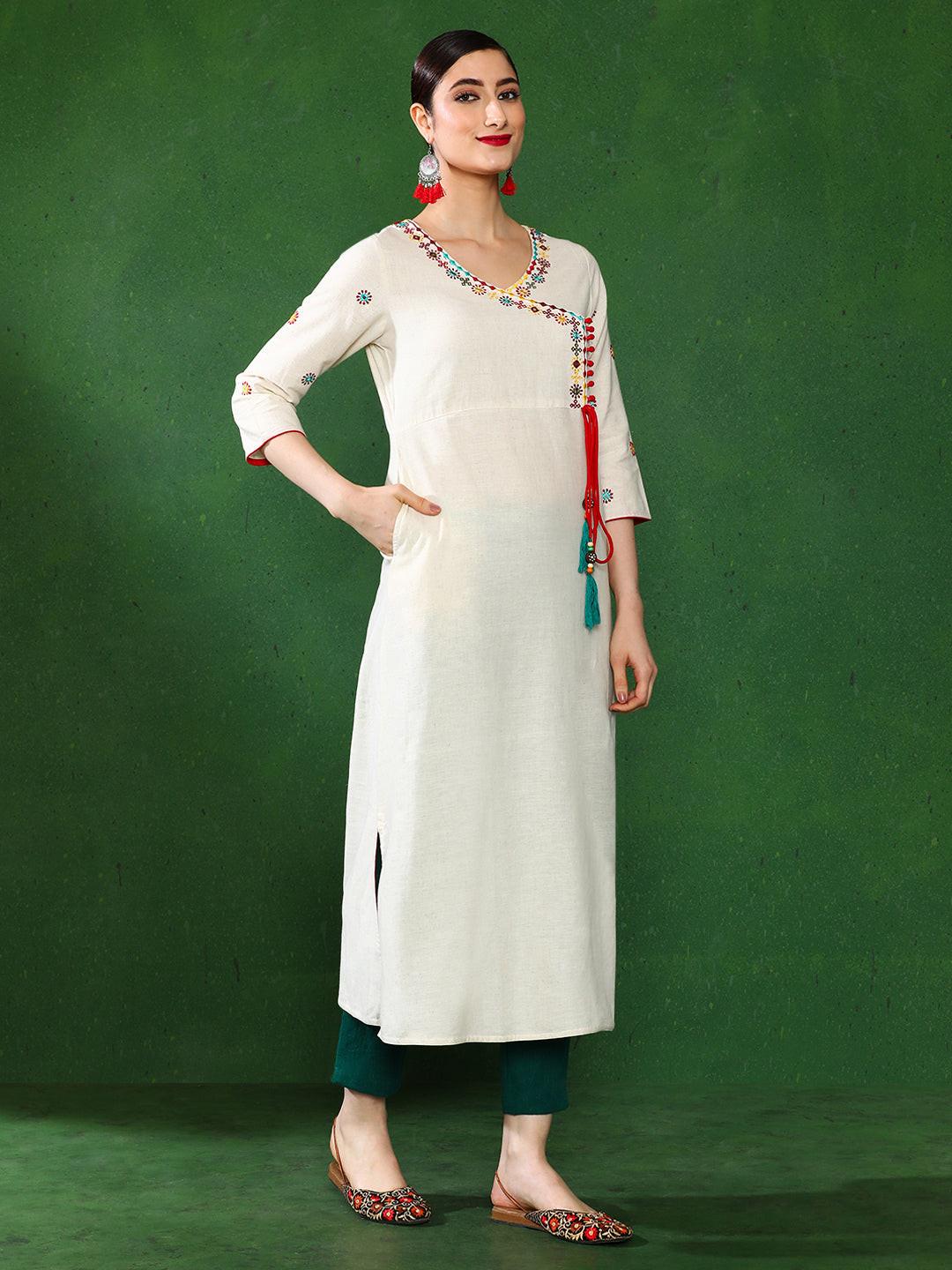 Off White Cotton Blend Angrakha Kurta with Tasselled Tie, view 4 of 6