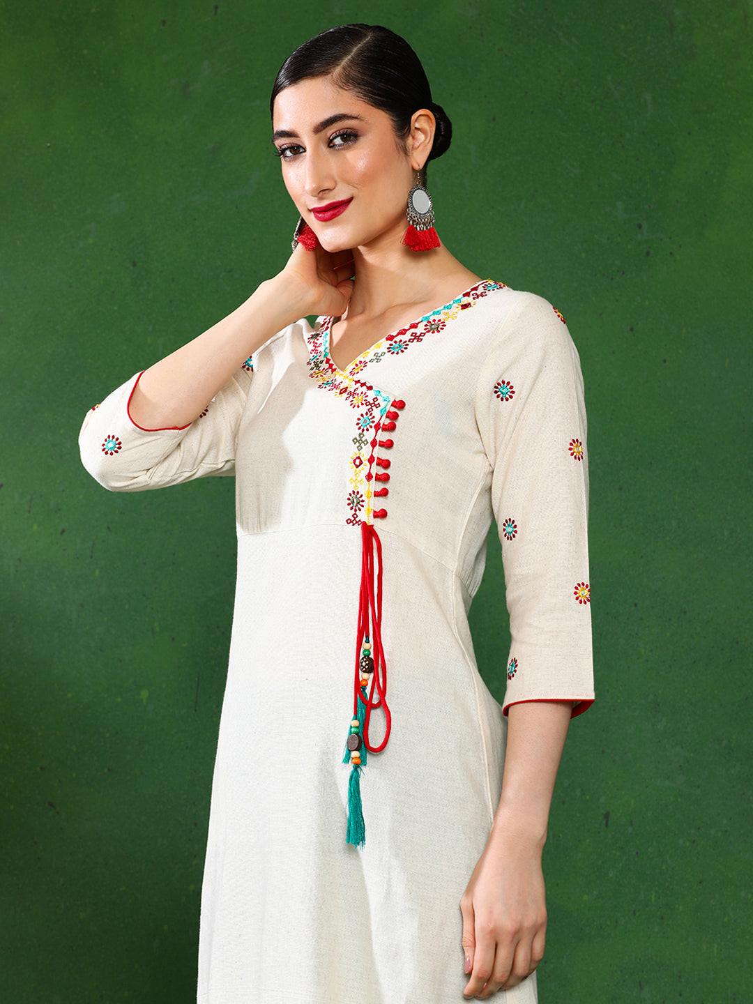 Off White Cotton Blend Angrakha Kurta with Tasselled Tie, view 5 of 6