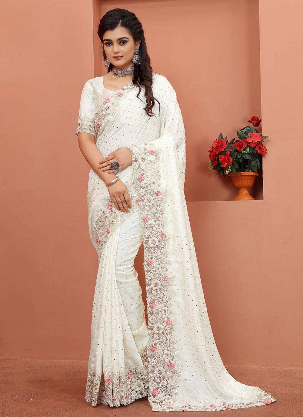 Off White Satin Saree with Cutwork Rose Border