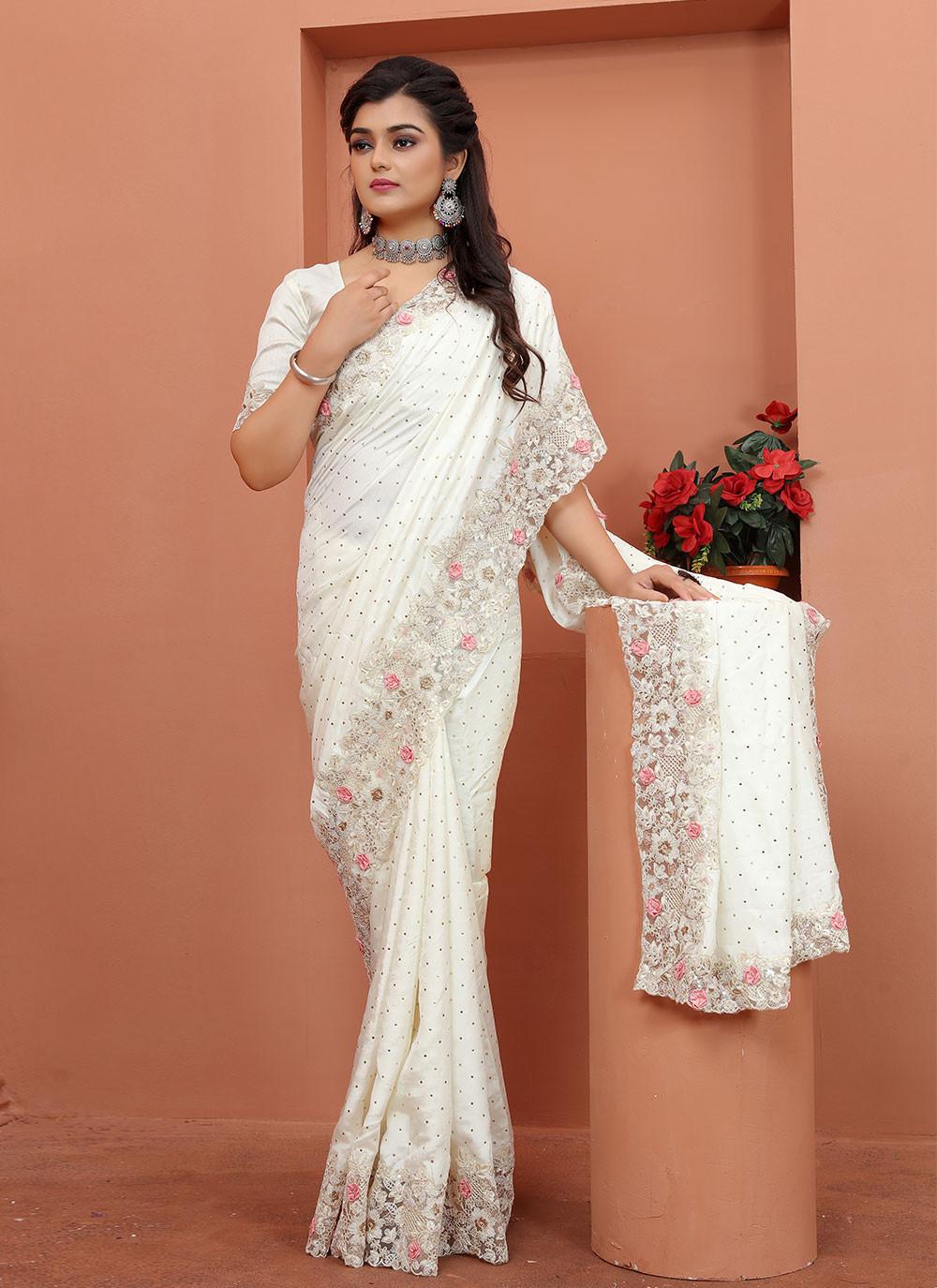 Off White Satin Saree with Cutwork Rose Border, view 2 of 4