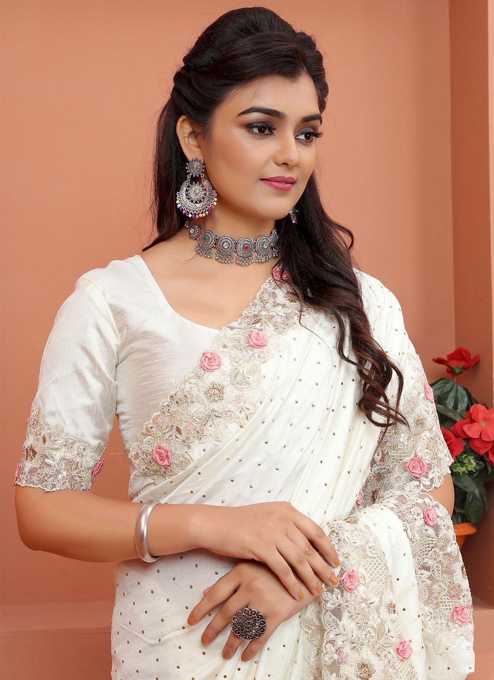 Off White Satin Saree with Cutwork Rose Border, view 3 of 4