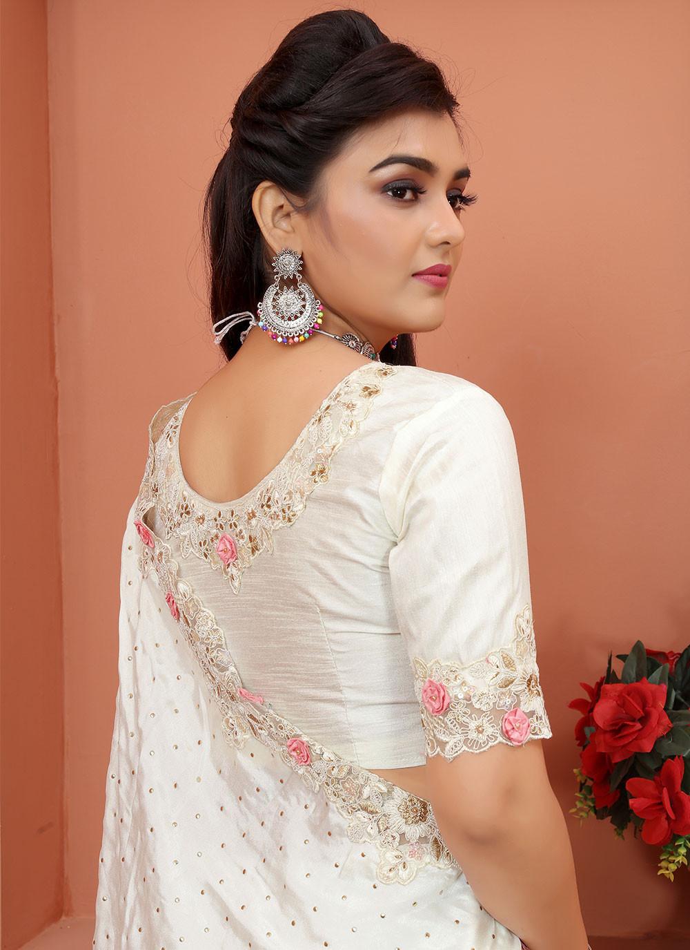 Off White Satin Saree with Cutwork Rose Border, view 4 of 4