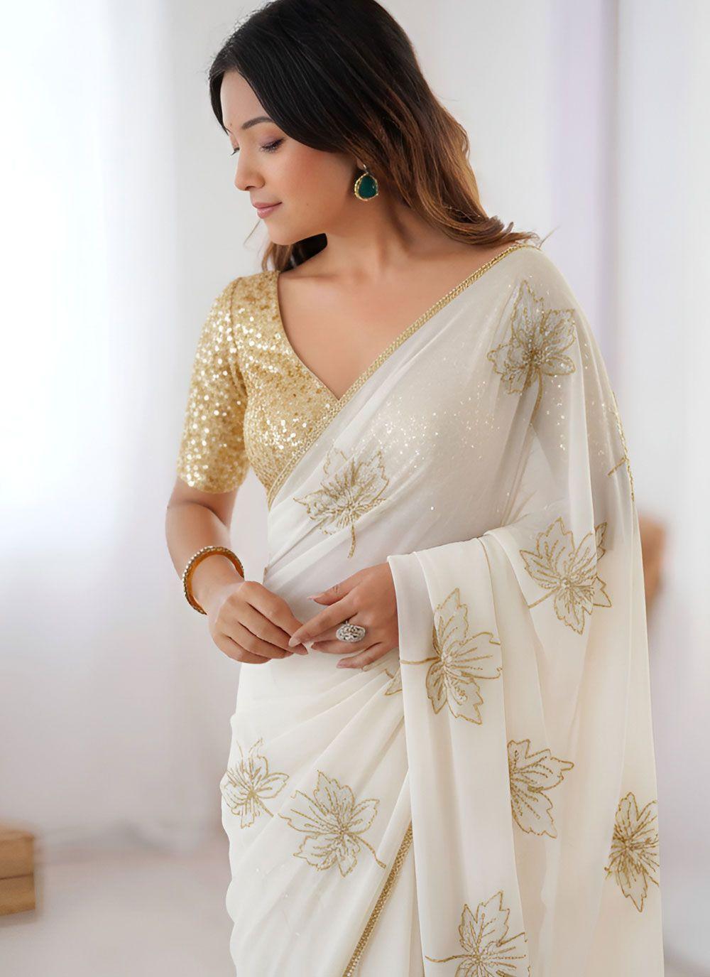 Off White Vichitra Saree with Embroidered Gold Leaves, view 3 of 4