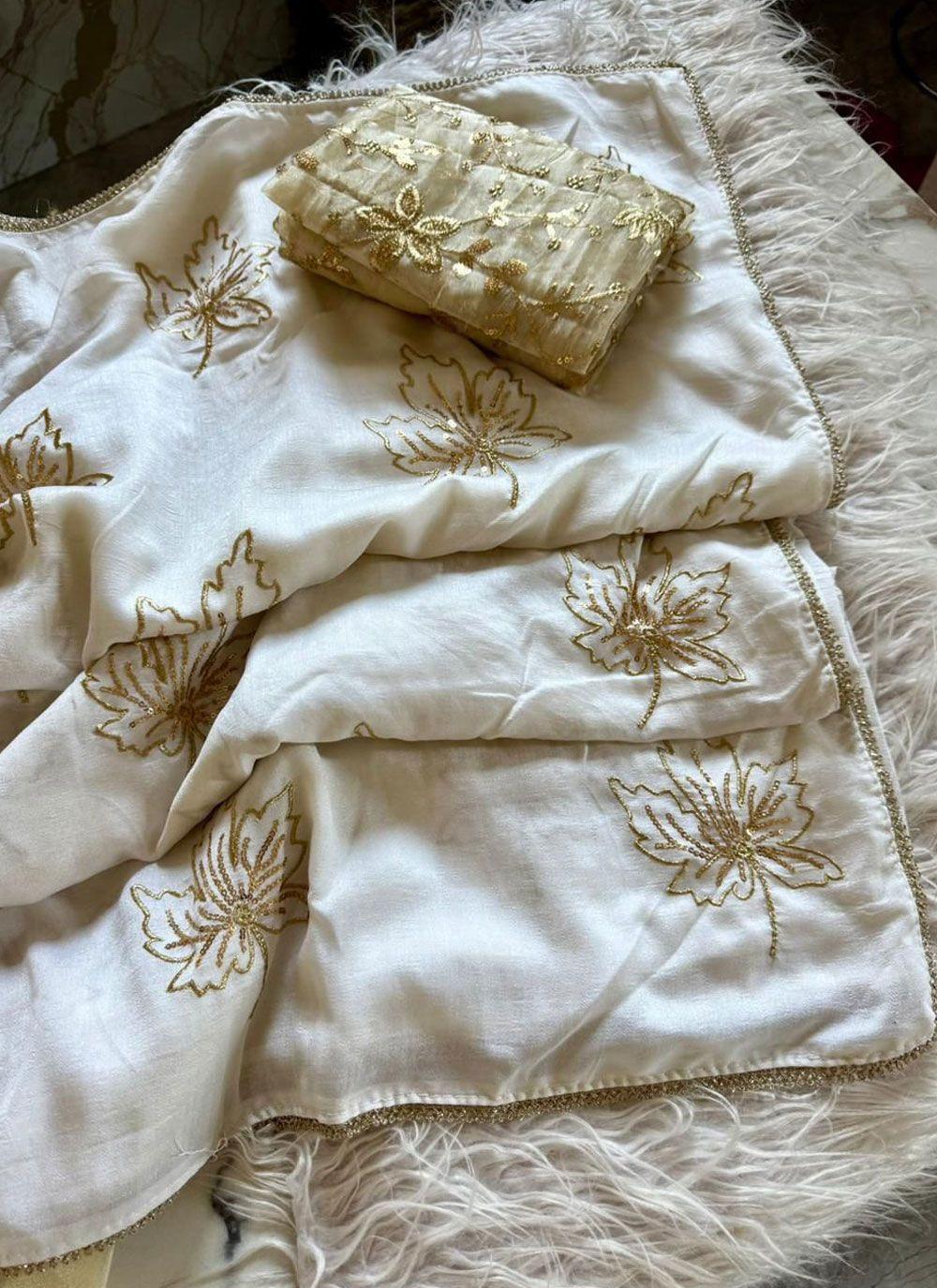 Off White Vichitra Saree with Embroidered Gold Leaves, view 4 of 4