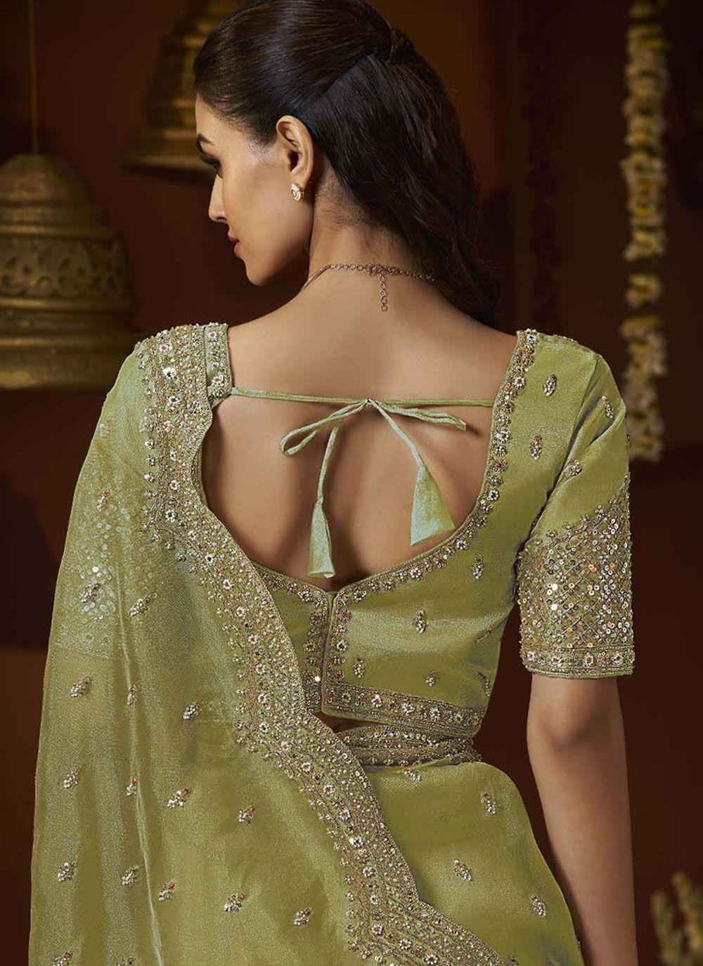 Olive Green Tissue Saree with Embroidered Scalloped Border, view 3 of 3
