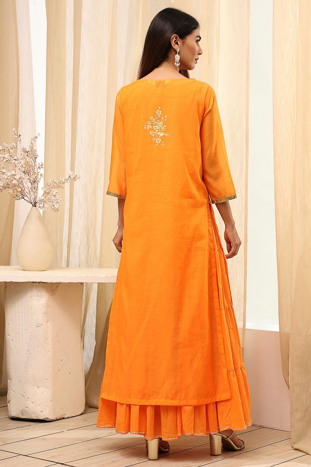 Orange Polyester Chanderi Layered Dress with Tiered Inner, view 3 of 6