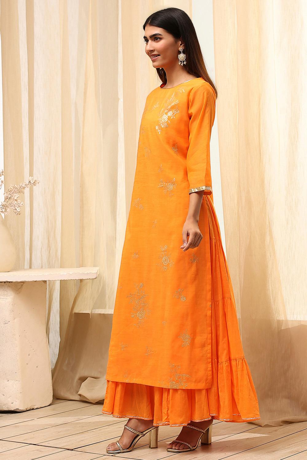 Orange Polyester Chanderi Layered Dress with Tiered Inner, view 4 of 6