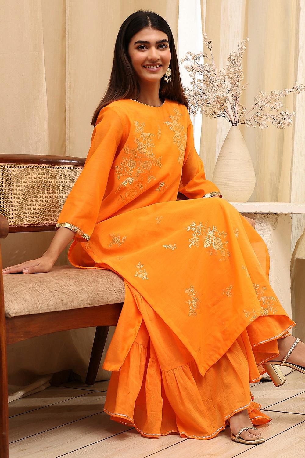 Orange Polyester Chanderi Layered Dress with Tiered Inner, view 6 of 6