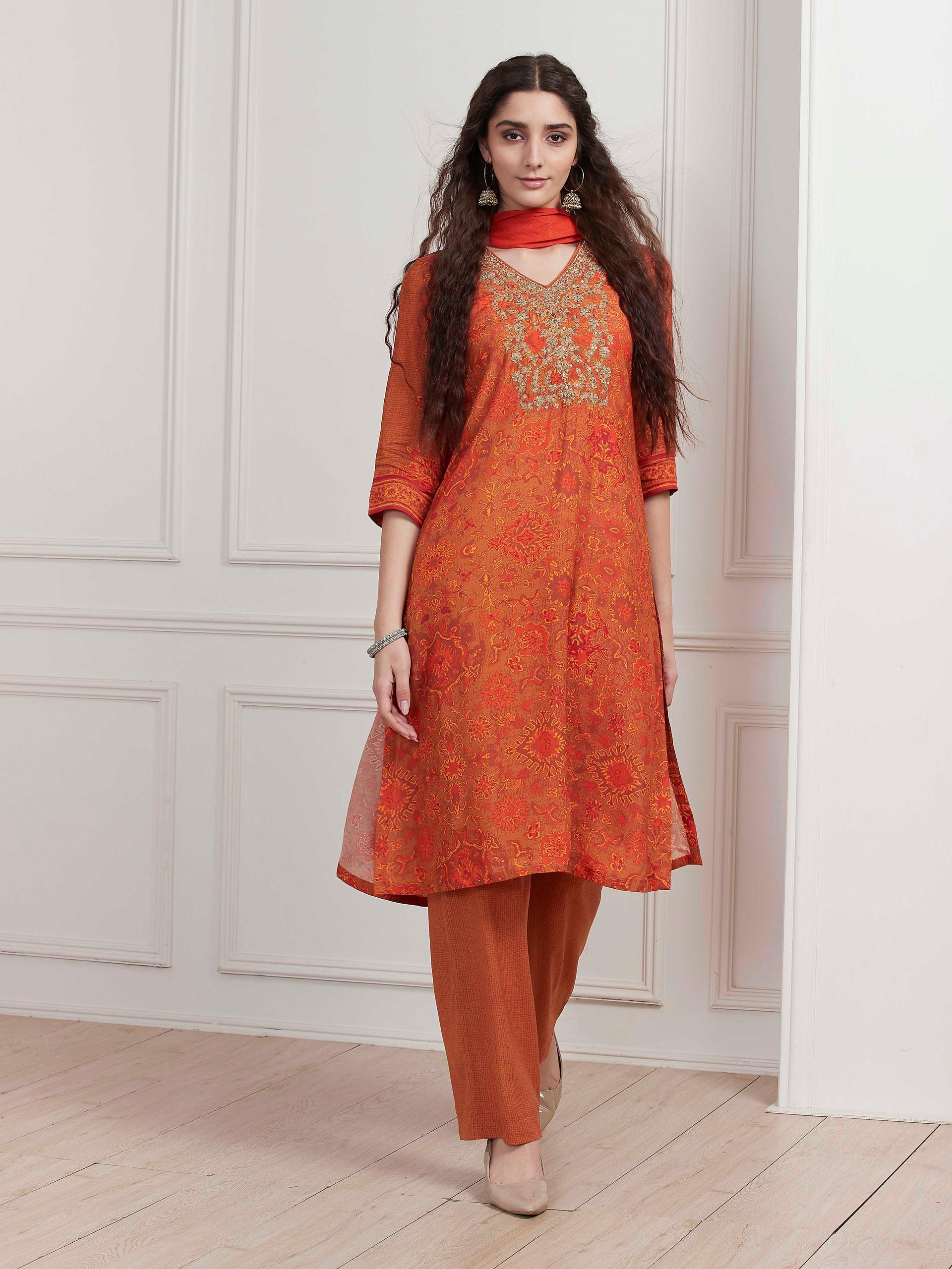 Orange Printed Modal Kurta and Palazzo Set with Embroidered Yoke