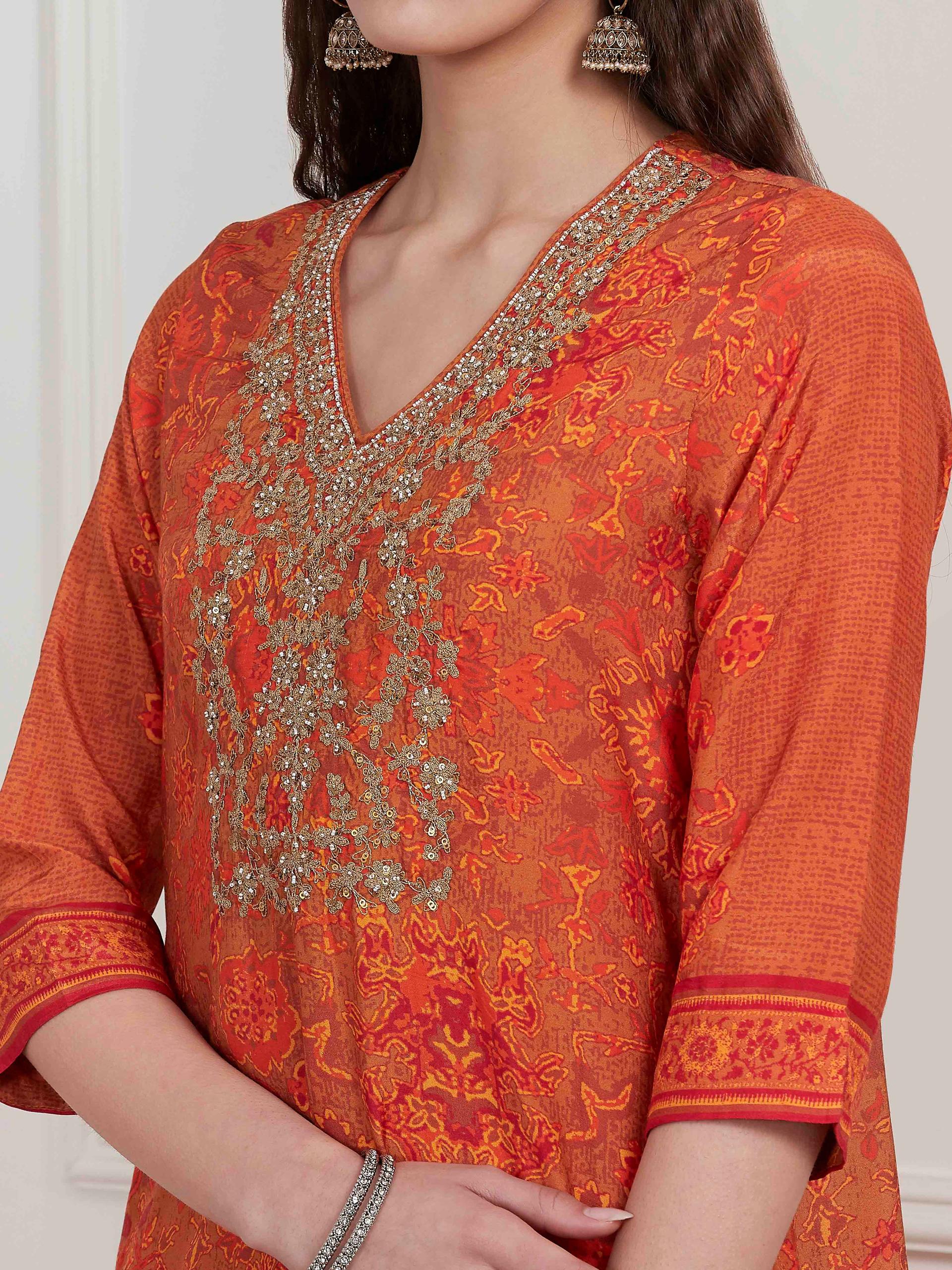 Orange Printed Modal Kurta and Palazzo Set with Embroidered Yoke, view 2 of 6