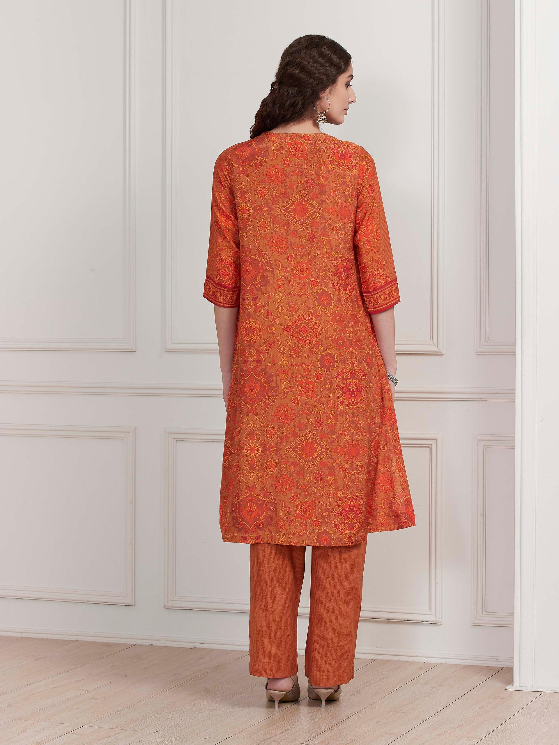 Orange Printed Modal Kurta and Palazzo Set with Embroidered Yoke, view 3 of 6