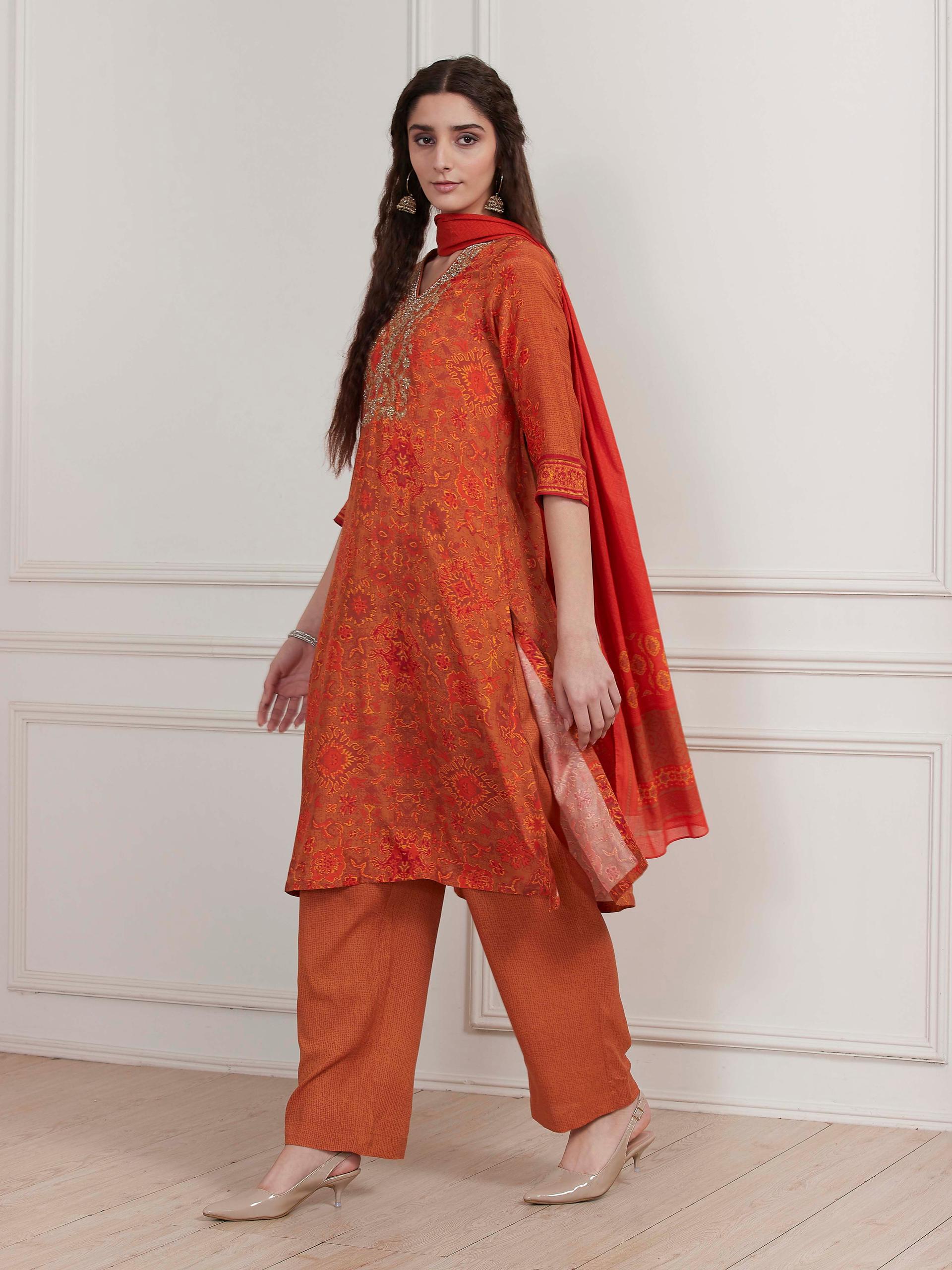 Orange Printed Modal Kurta and Palazzo Set with Embroidered Yoke, view 4 of 6