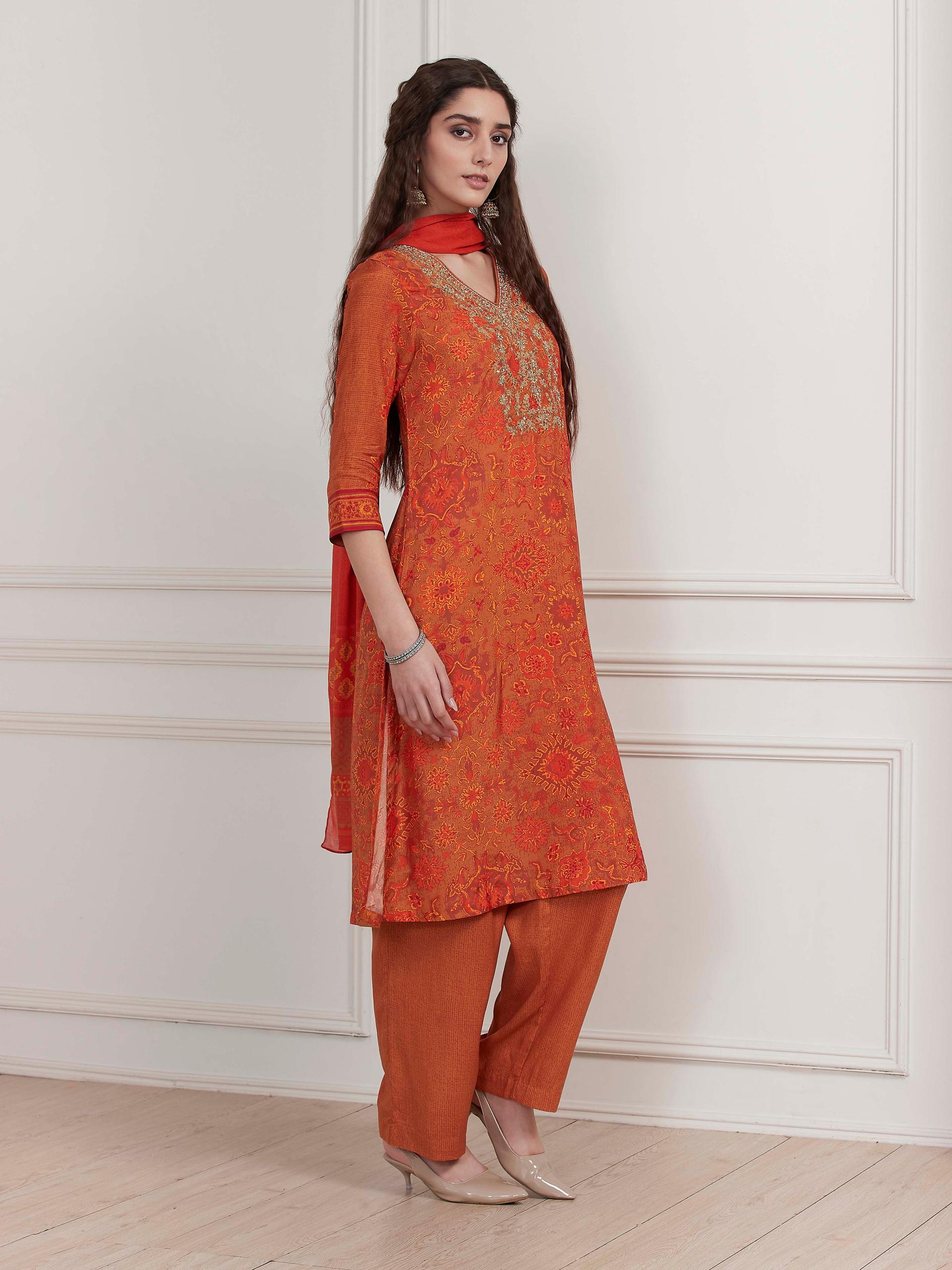 Orange Printed Modal Kurta and Palazzo Set with Embroidered Yoke, view 5 of 6