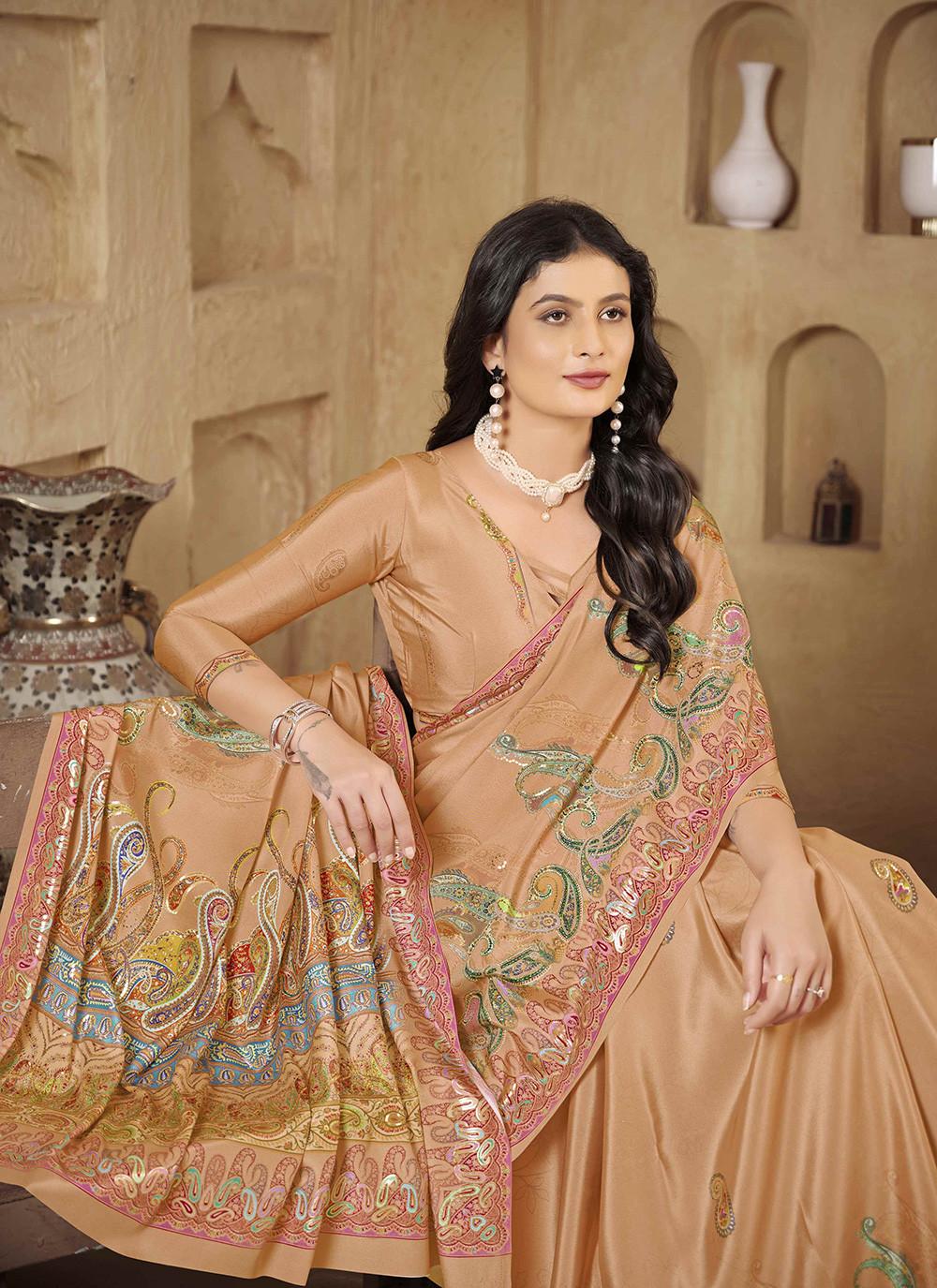 Peach Crepe Saree with Printed Paisleys and Foil, view 3 of 3