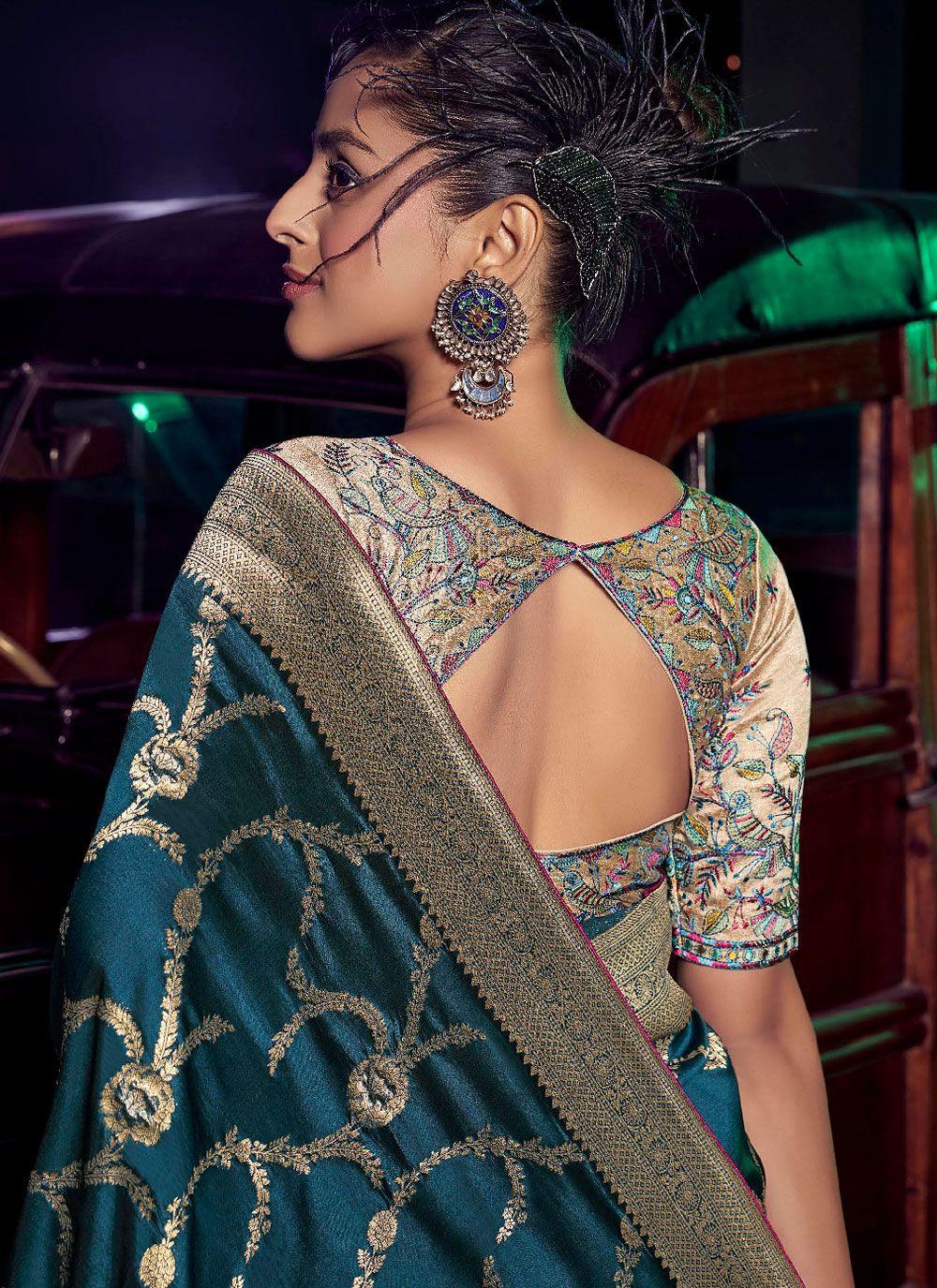 Peacock Blue Woven Saree with Gold Vine Trellis, view 3 of 4