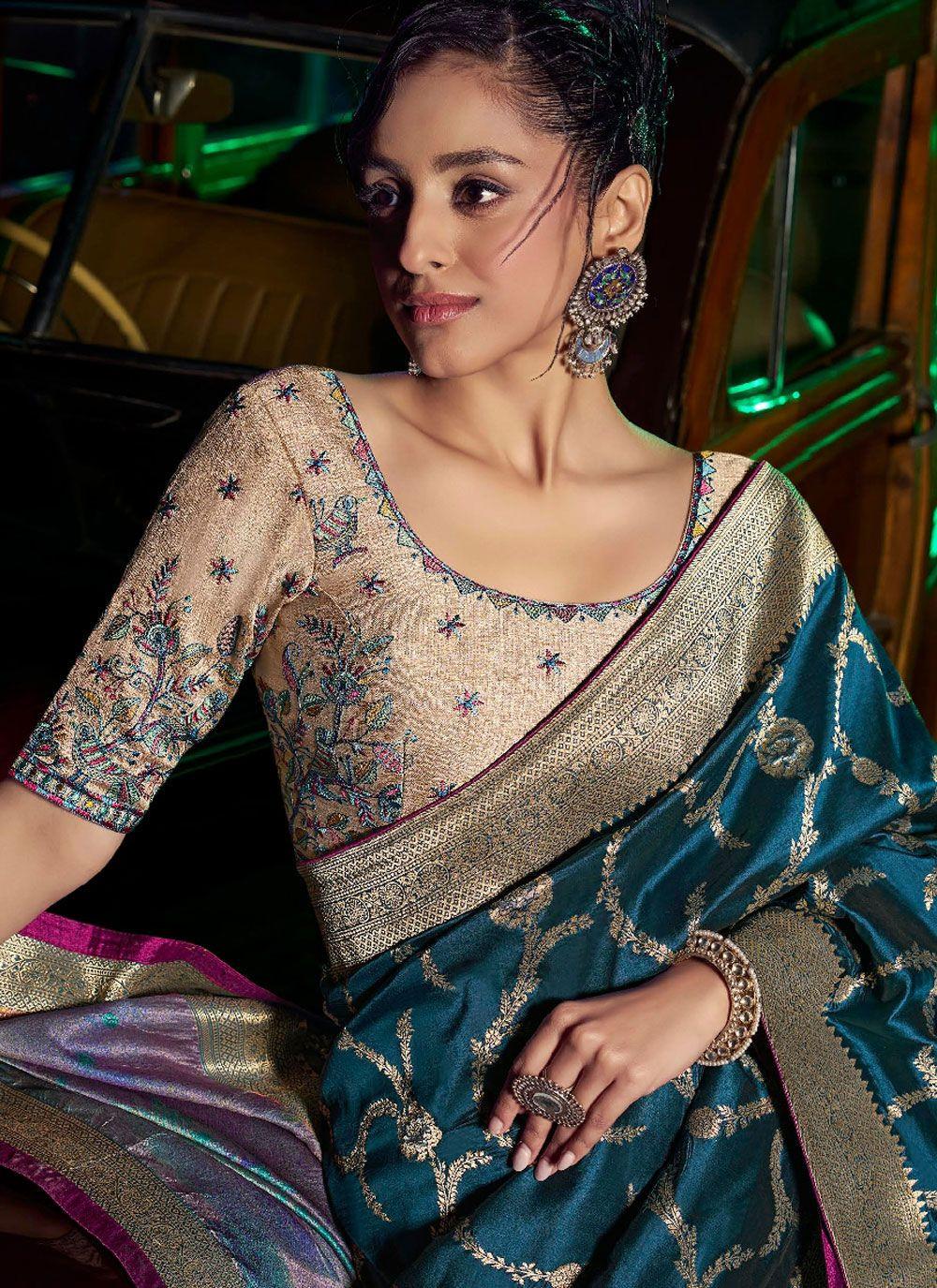Peacock Blue Woven Saree with Gold Vine Trellis, view 4 of 4