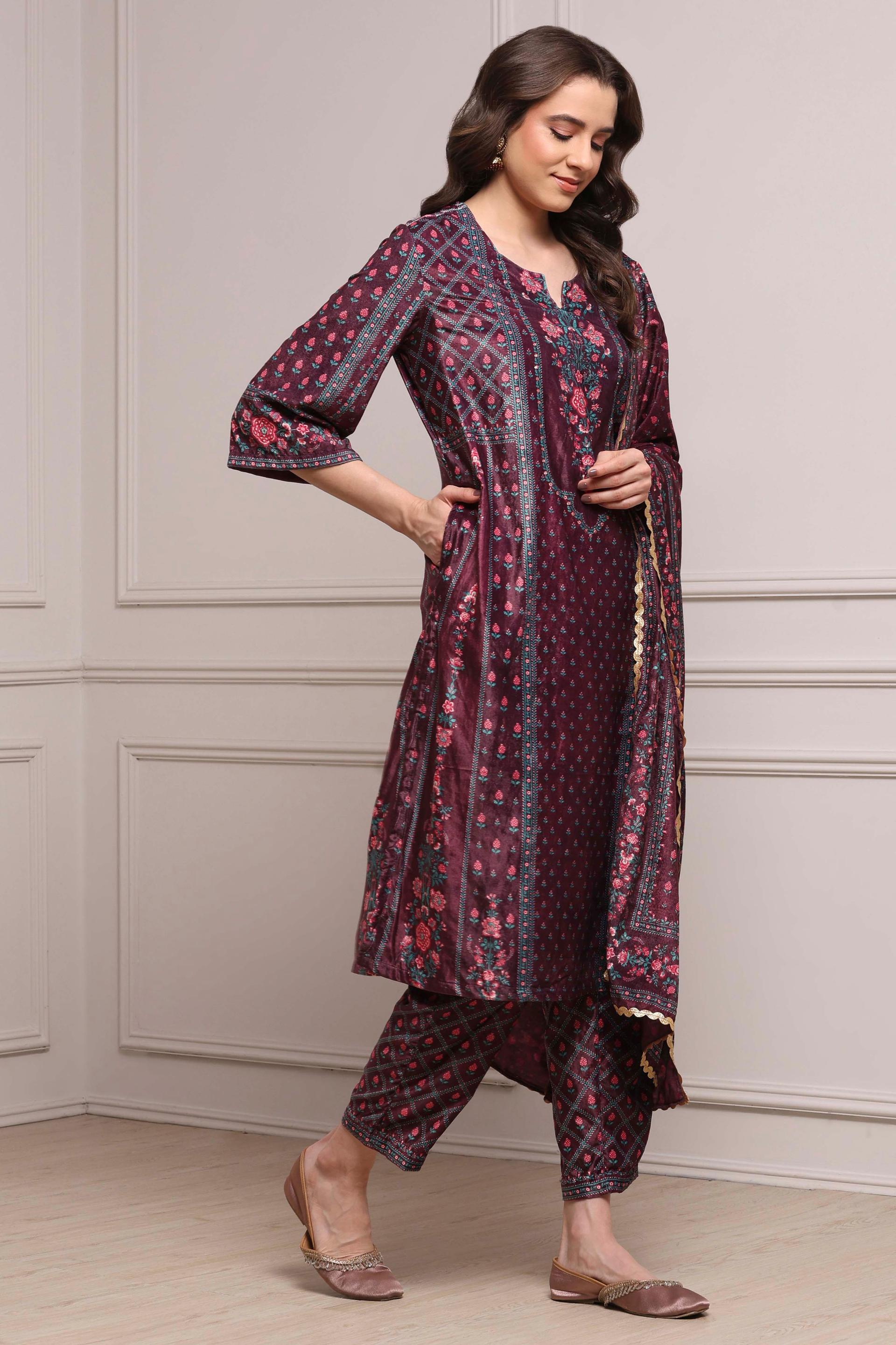 Plum Printed Velvet Kurta Set with Floral Yoke, view 4 of 7