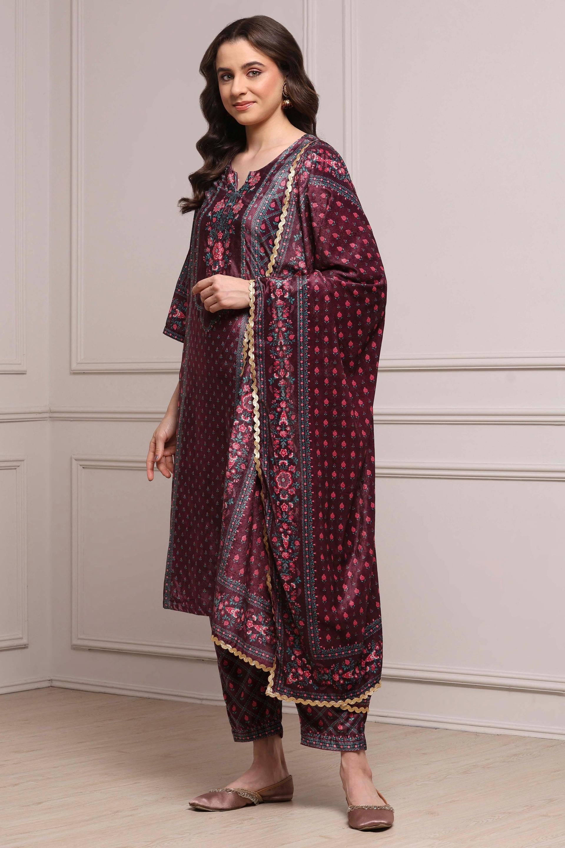 Plum Printed Velvet Kurta Set with Floral Yoke, view 5 of 7