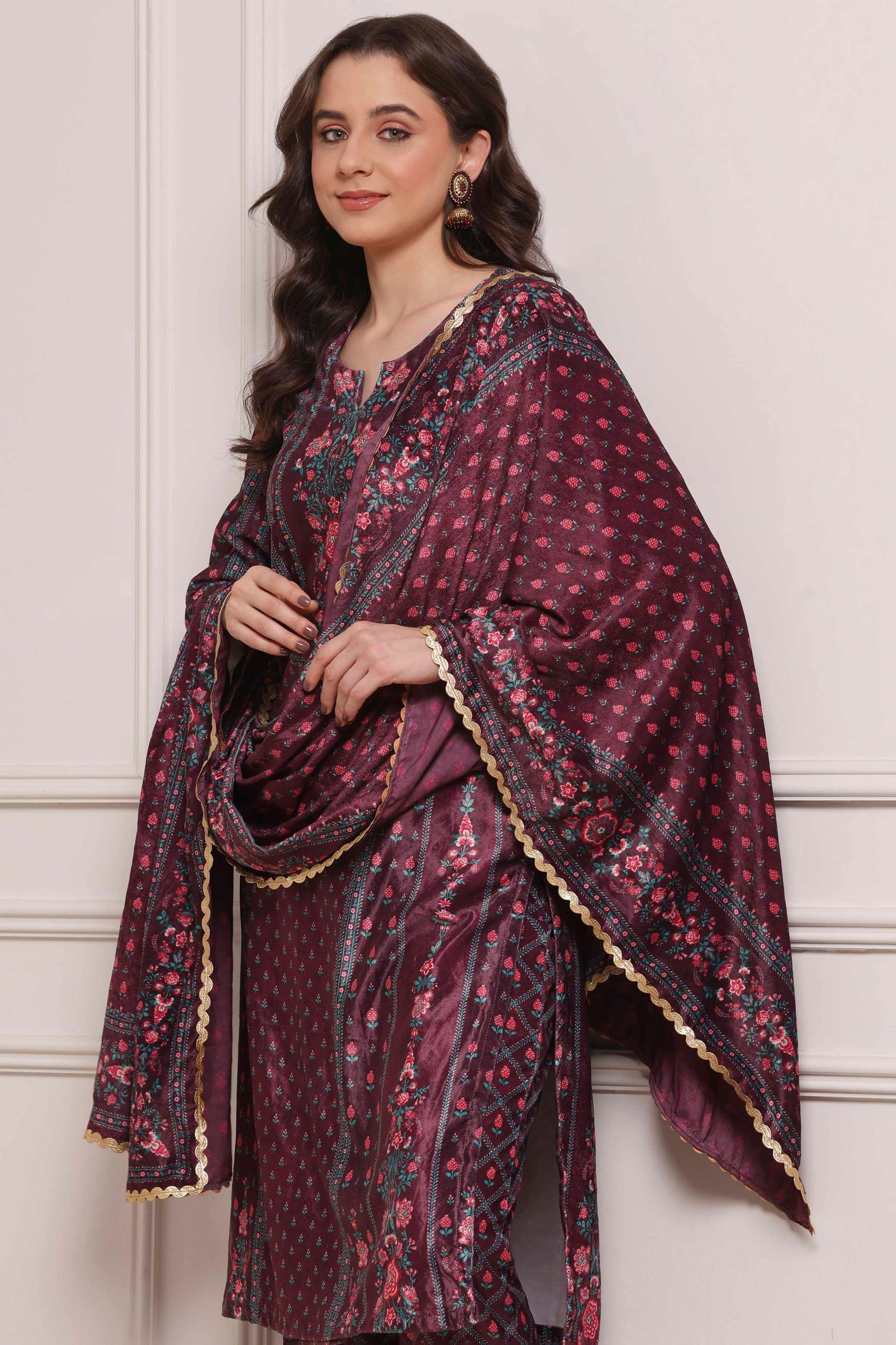 Plum Printed Velvet Kurta Set with Floral Yoke, view 6 of 7