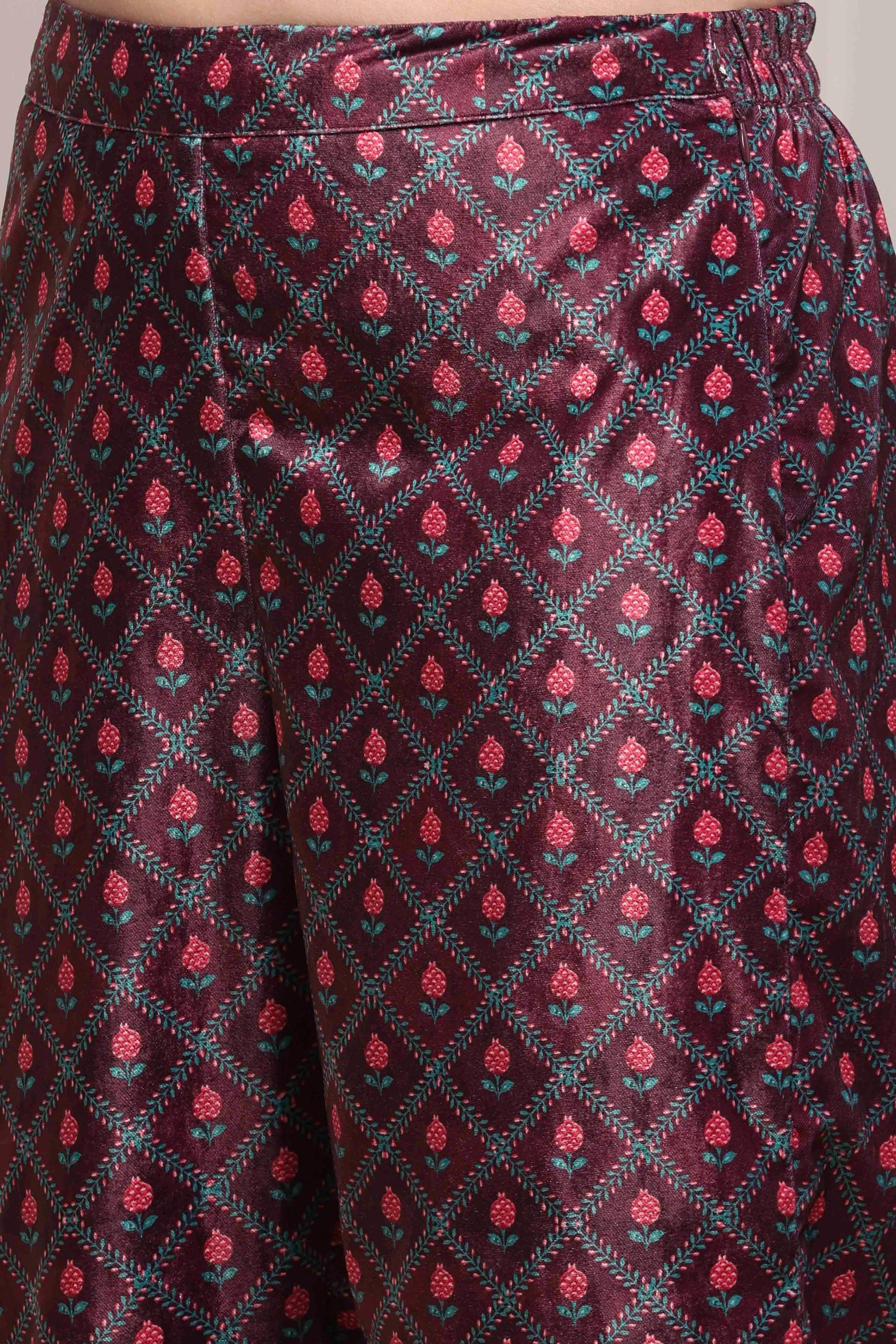 Plum Printed Velvet Kurta Set with Floral Yoke, view 7 of 7