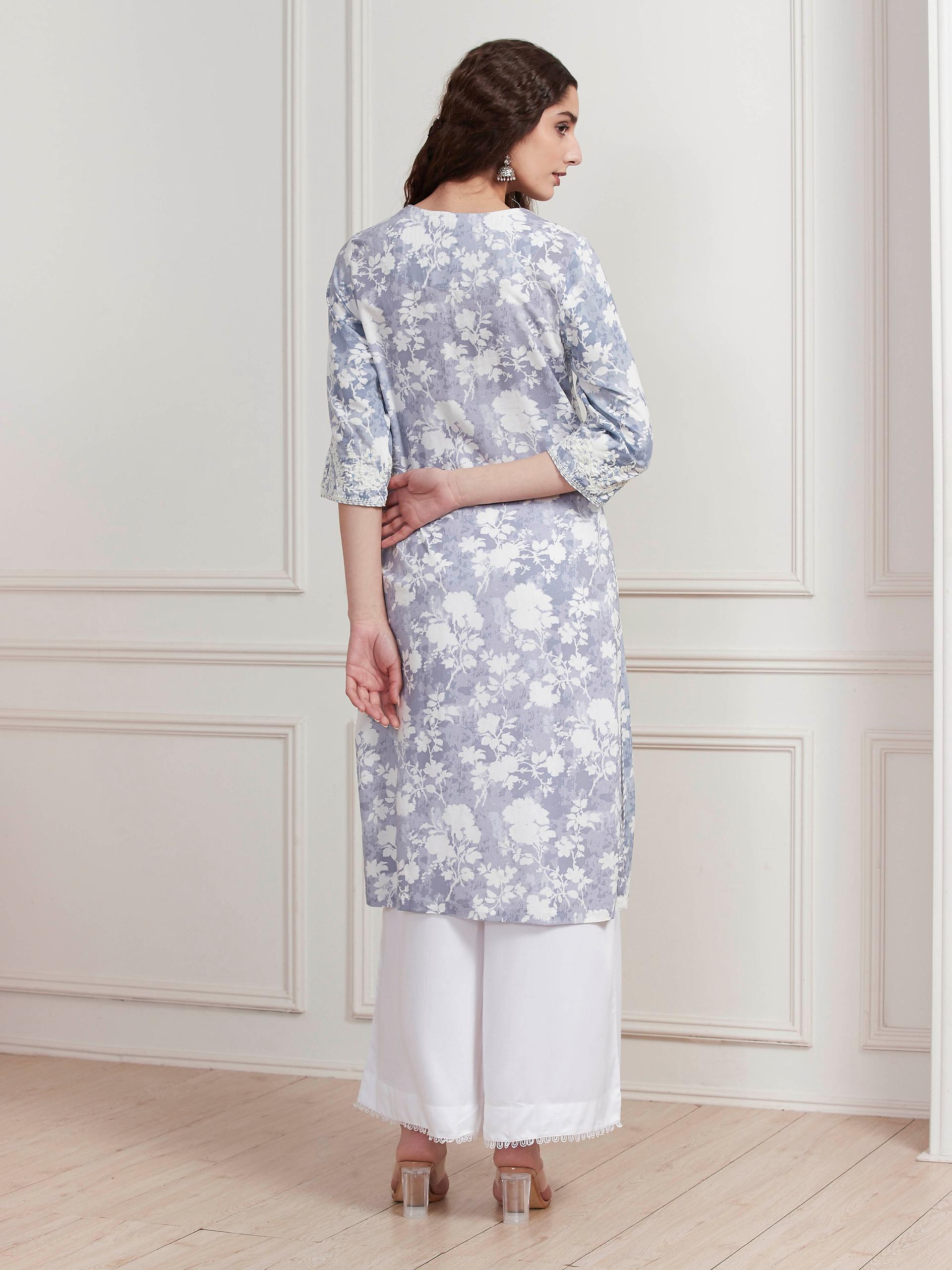 Powder Blue Floral Print Rayon Kurta with Embroidered V Neckline, view 3 of 5