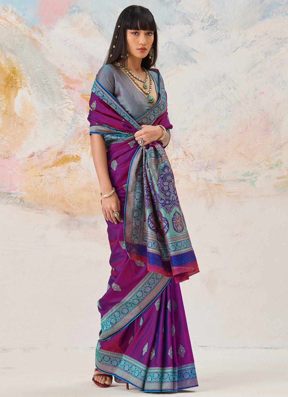 Purple Kanjivaram-Style Saree with Turquoise Woven Border, view 3 of 4
