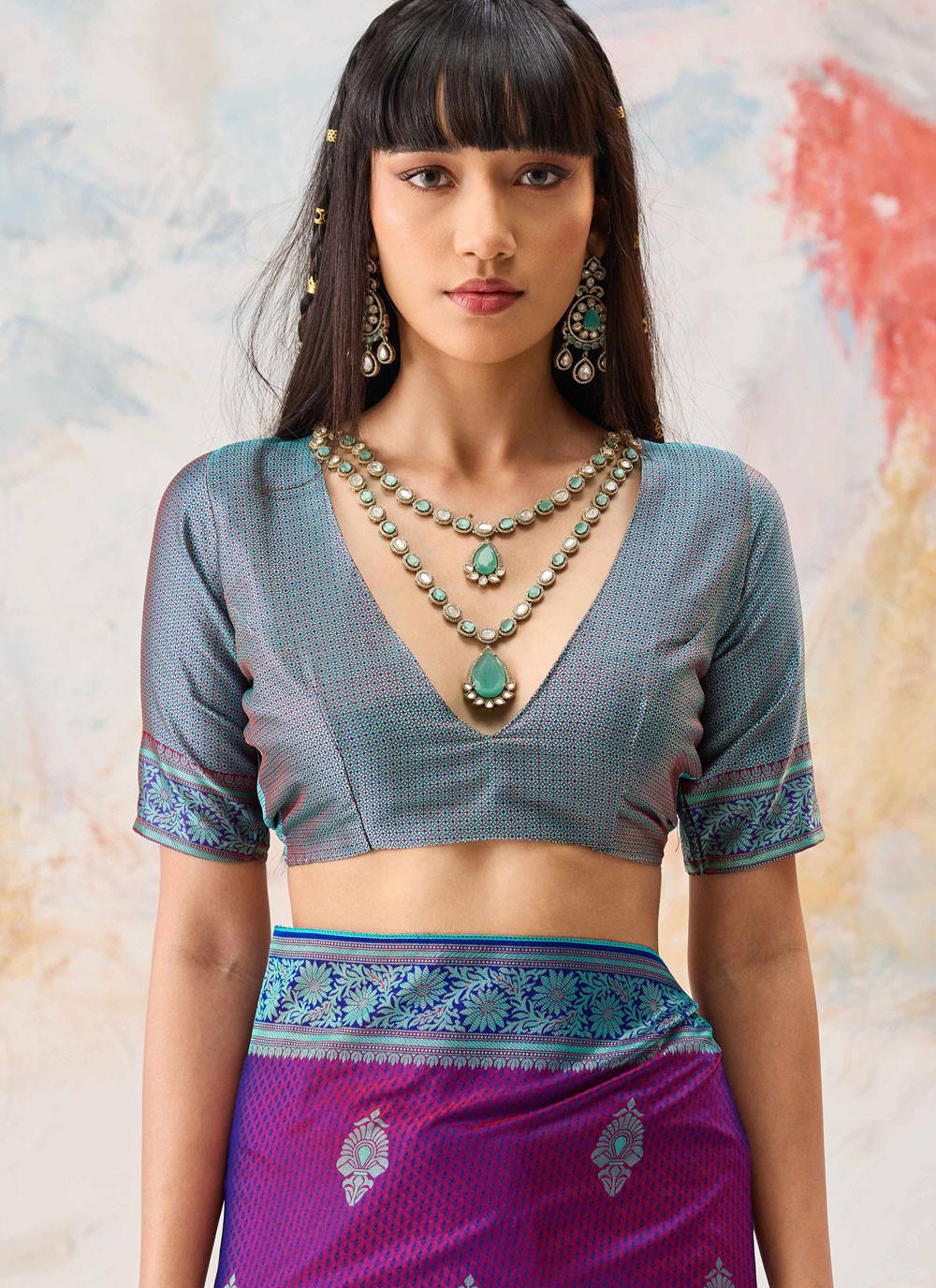 Purple Kanjivaram-Style Saree with Turquoise Woven Border, view 4 of 4