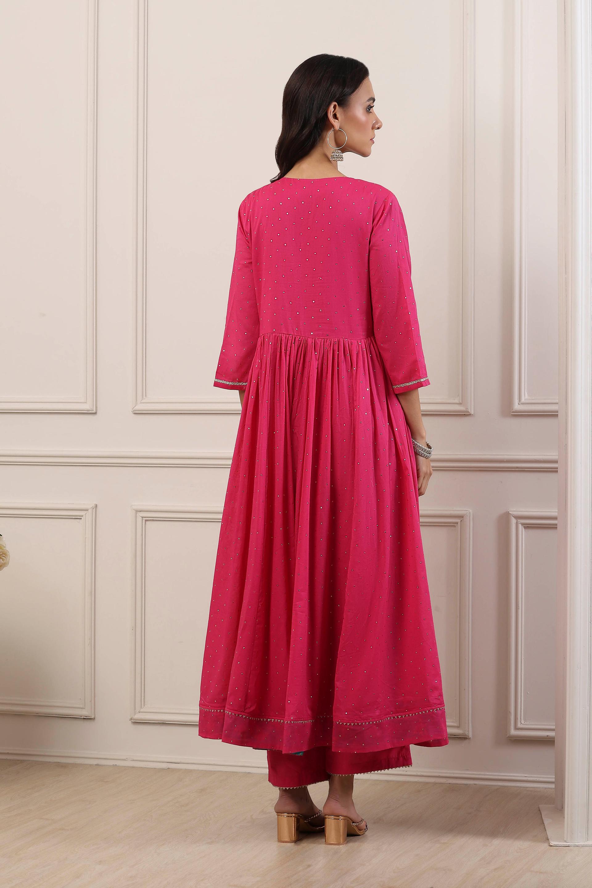 Rani Pink Cotton Flared Kurta Set with Sequins and Silver Trim, view 3 of 7
