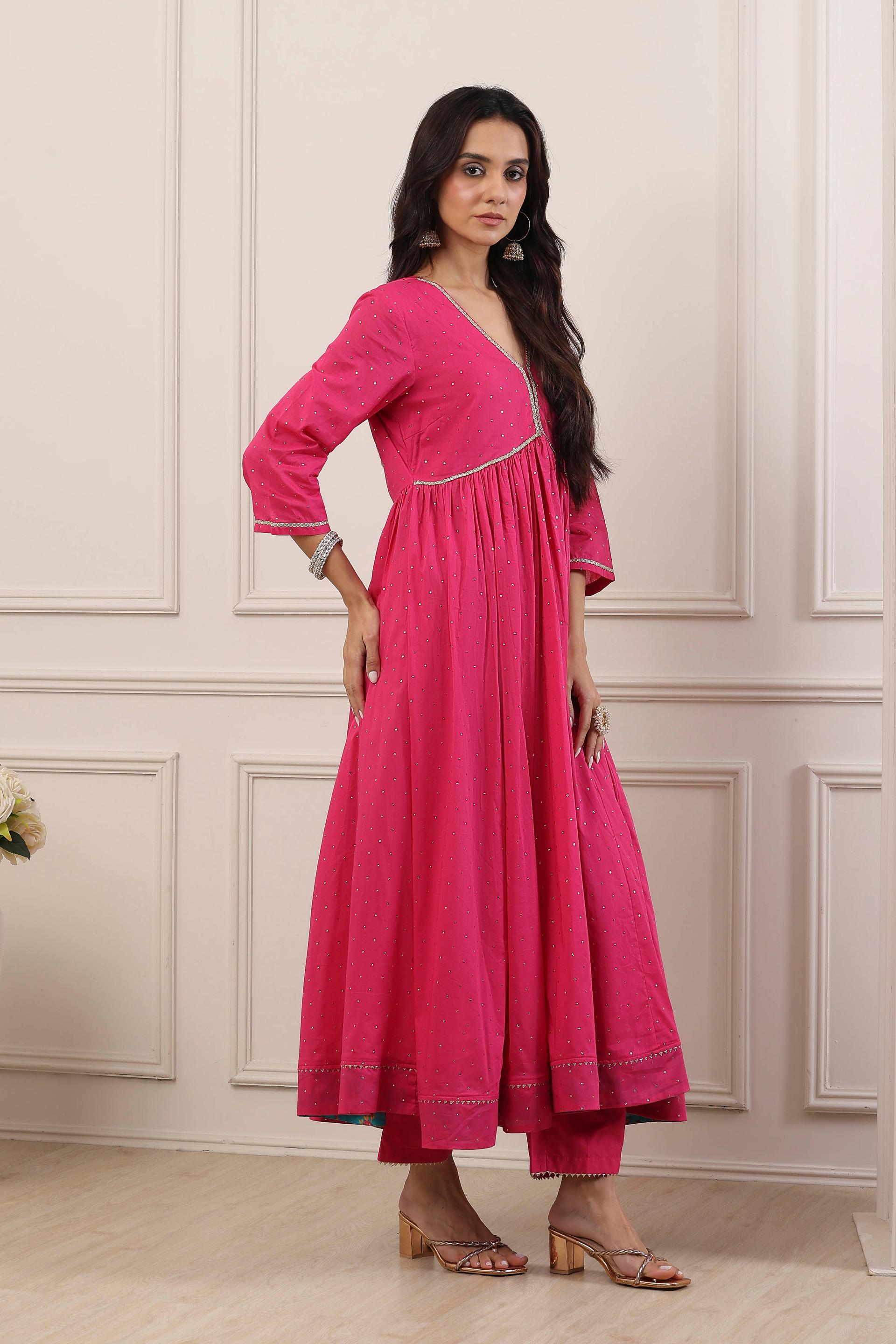 Rani Pink Cotton Flared Kurta Set with Sequins and Silver Trim, view 4 of 7